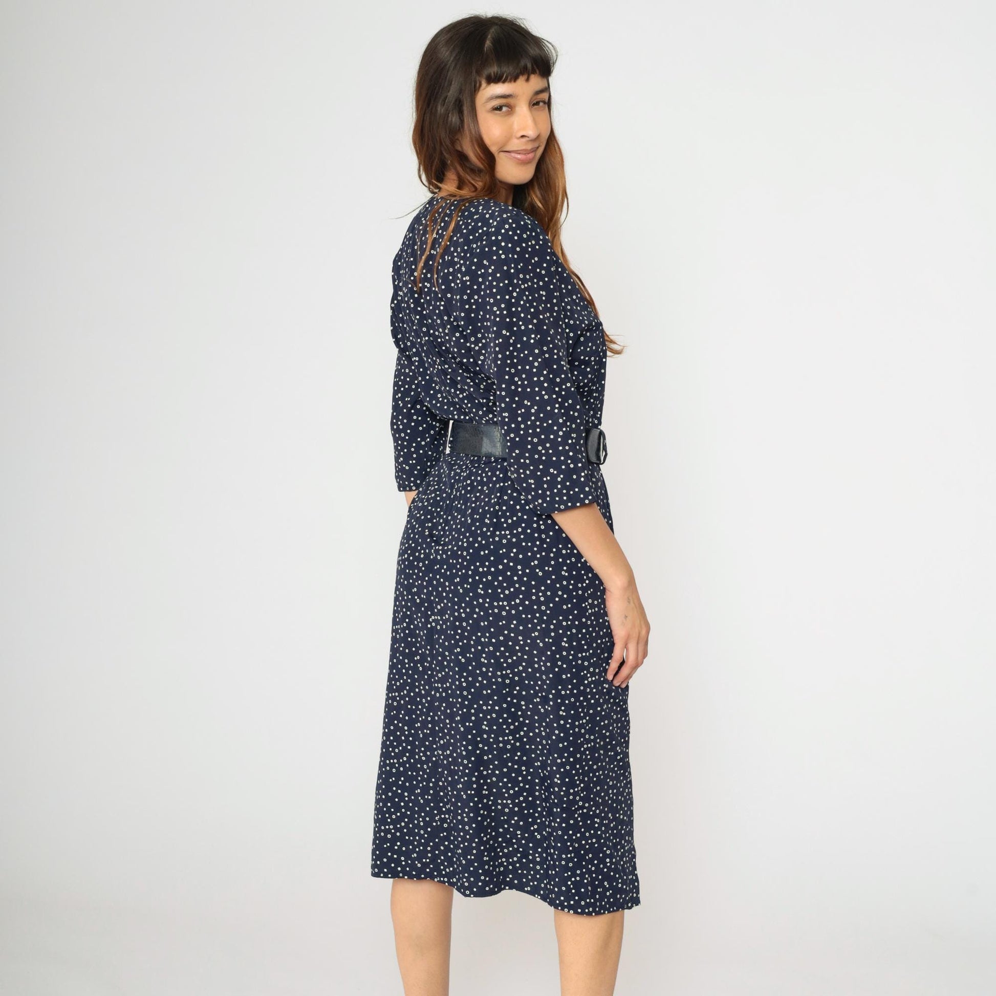 80s Navy Polka Dot Midi Dress Pleated Bodice High Waist Belted Small S