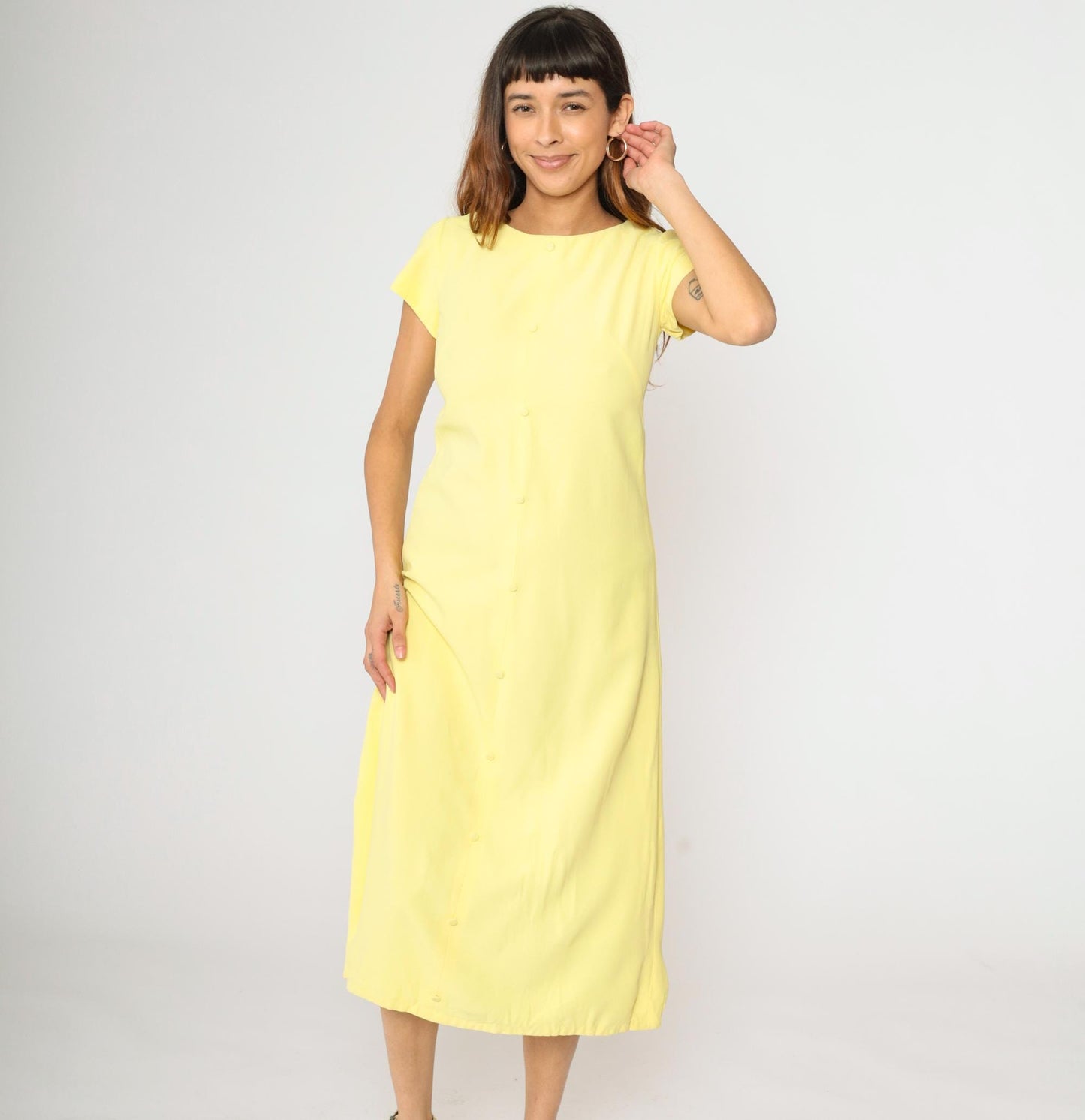60s Light Yellow A-Line Midi Dress Short Sleeve Decorative Buttons Small