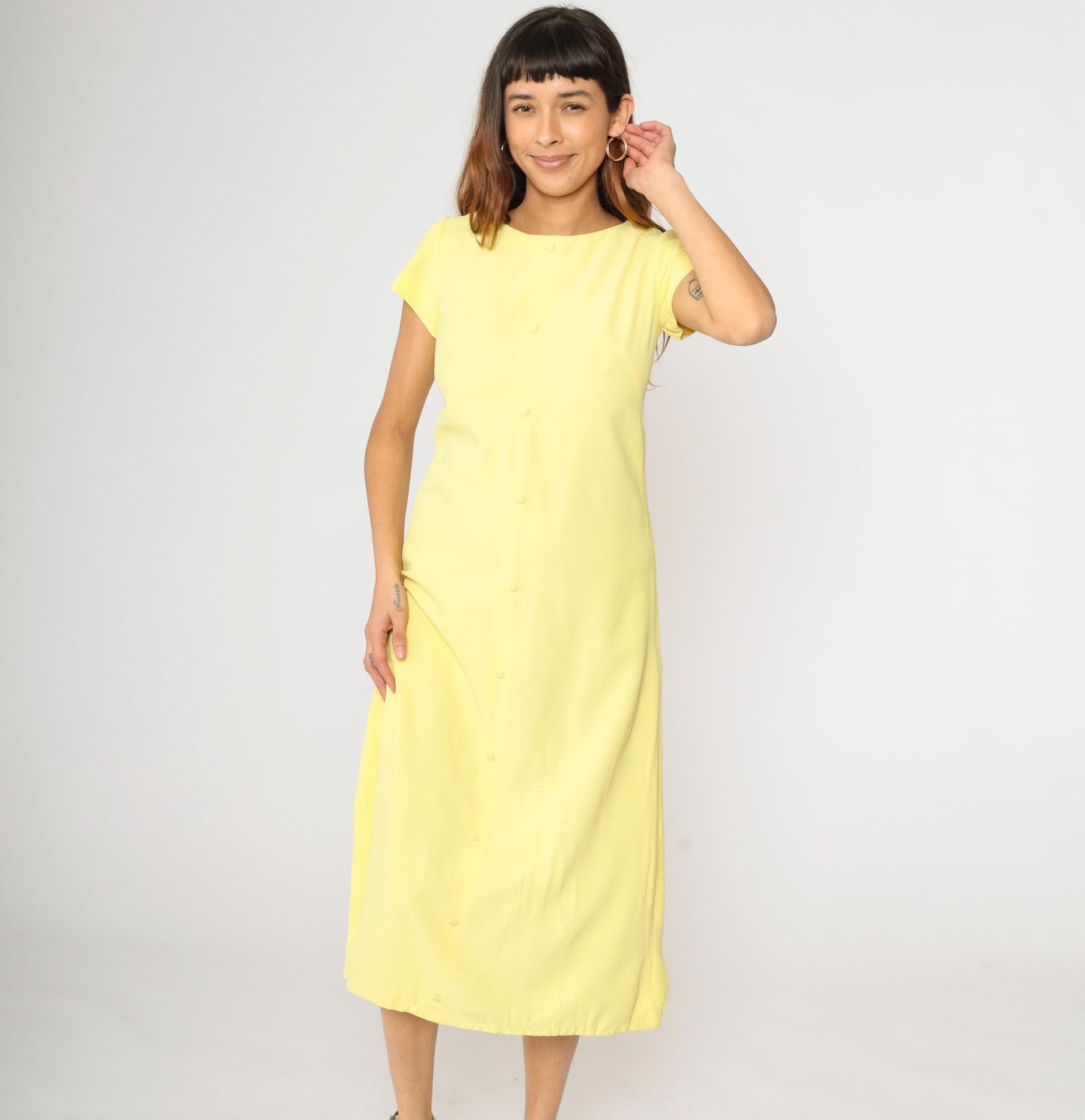 60s Light Yellow A-Line Midi Dress Short Sleeve Decorative Buttons Small