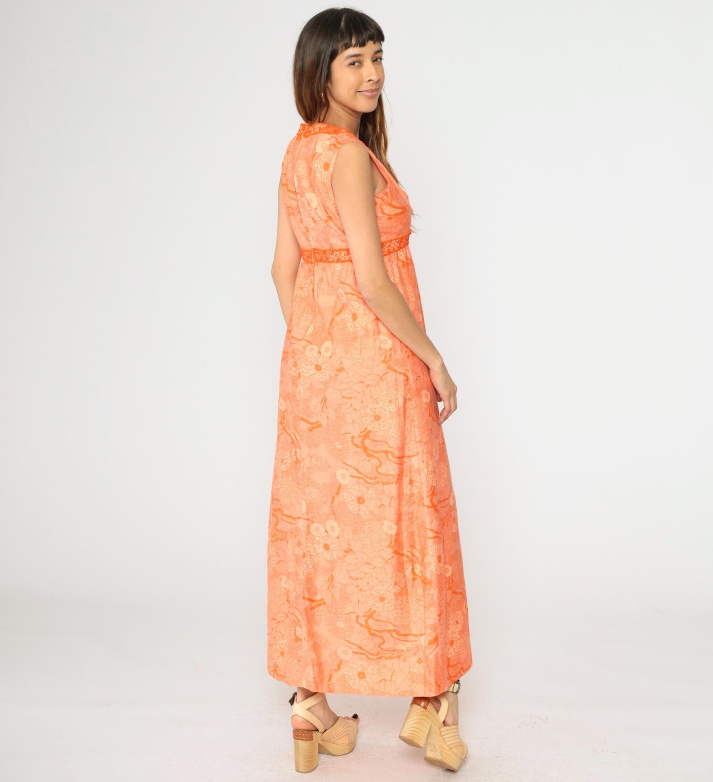 70s Orange Floral Beaded Maxi Dress Empire Waist V Neck Sleeveless Medium