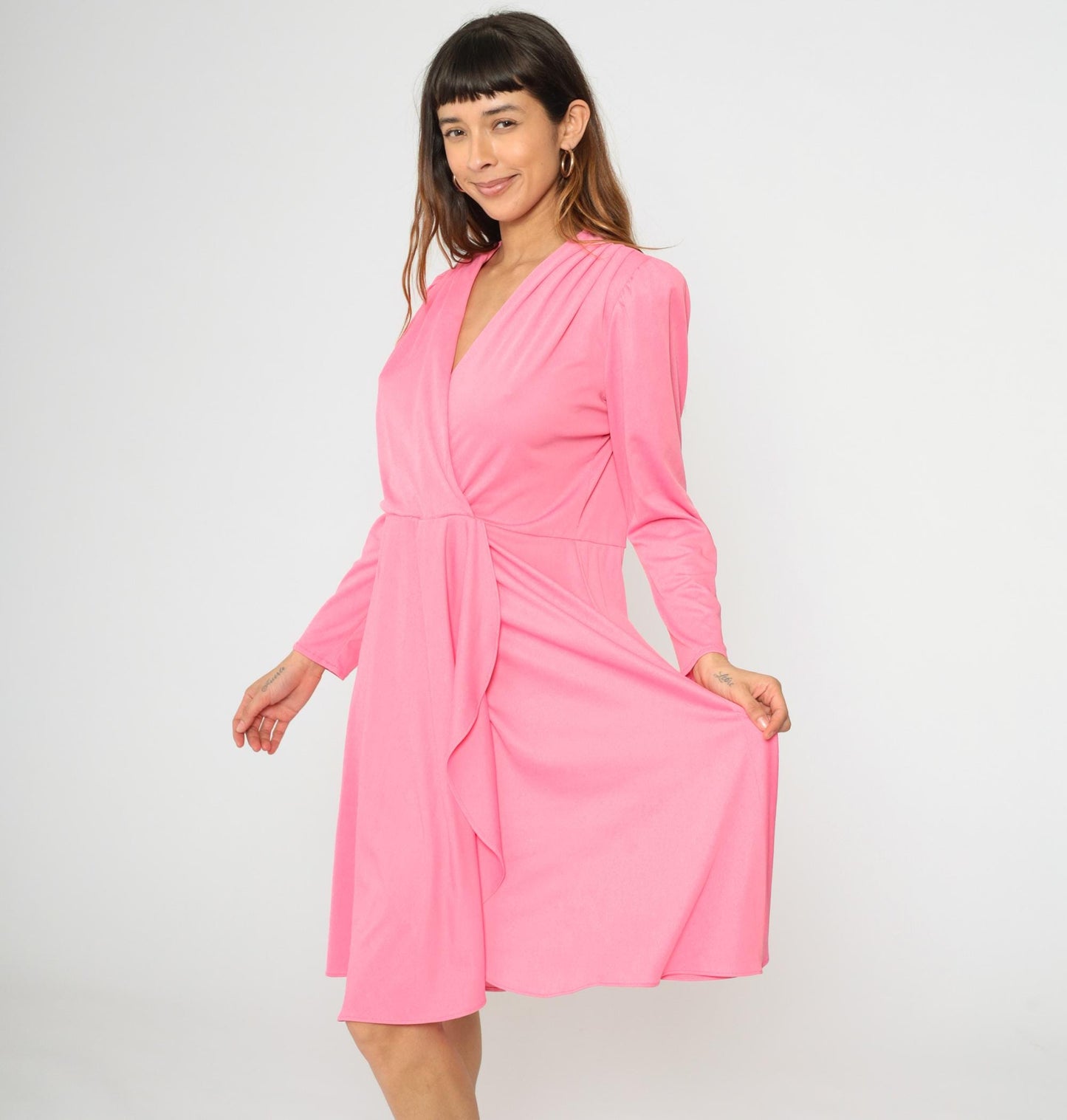 80s Pink Faux Wrap Midi Dress Deep V Puff Sleeve High Waist Extra Large