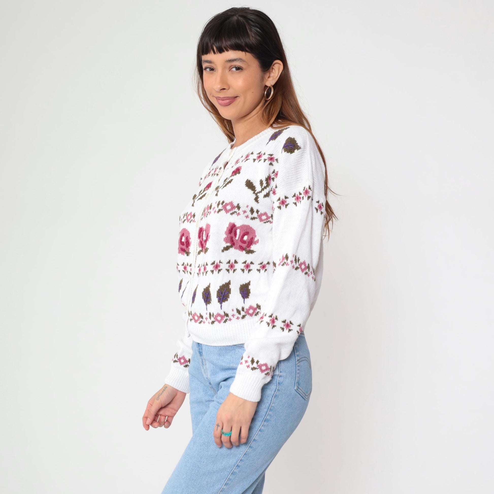 90s Ninon De Lendon Floral Cardigan White Cotton Ramie Knit Medium M