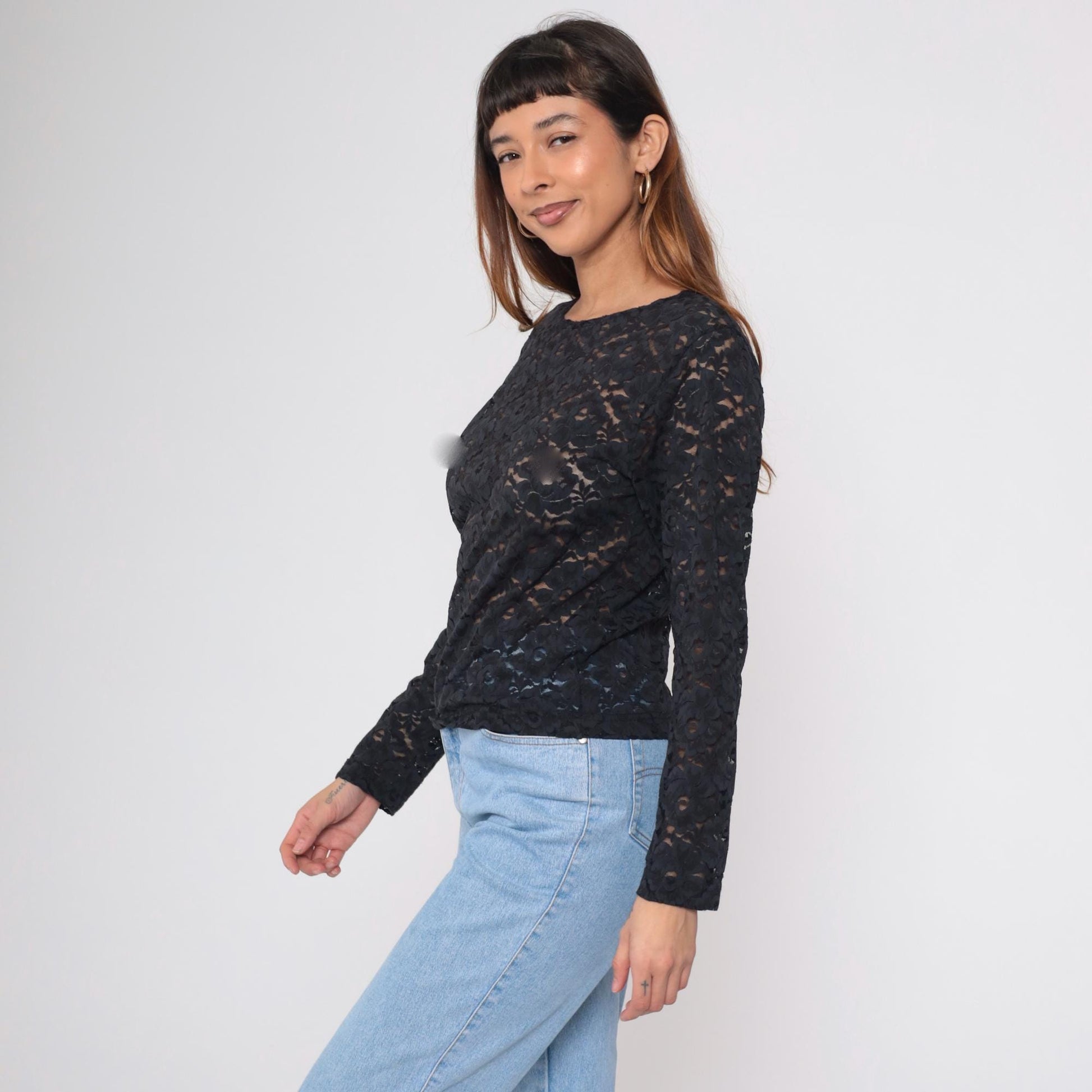 90s Sheer Black Floral Lace Long Sleeve Blouse Small S