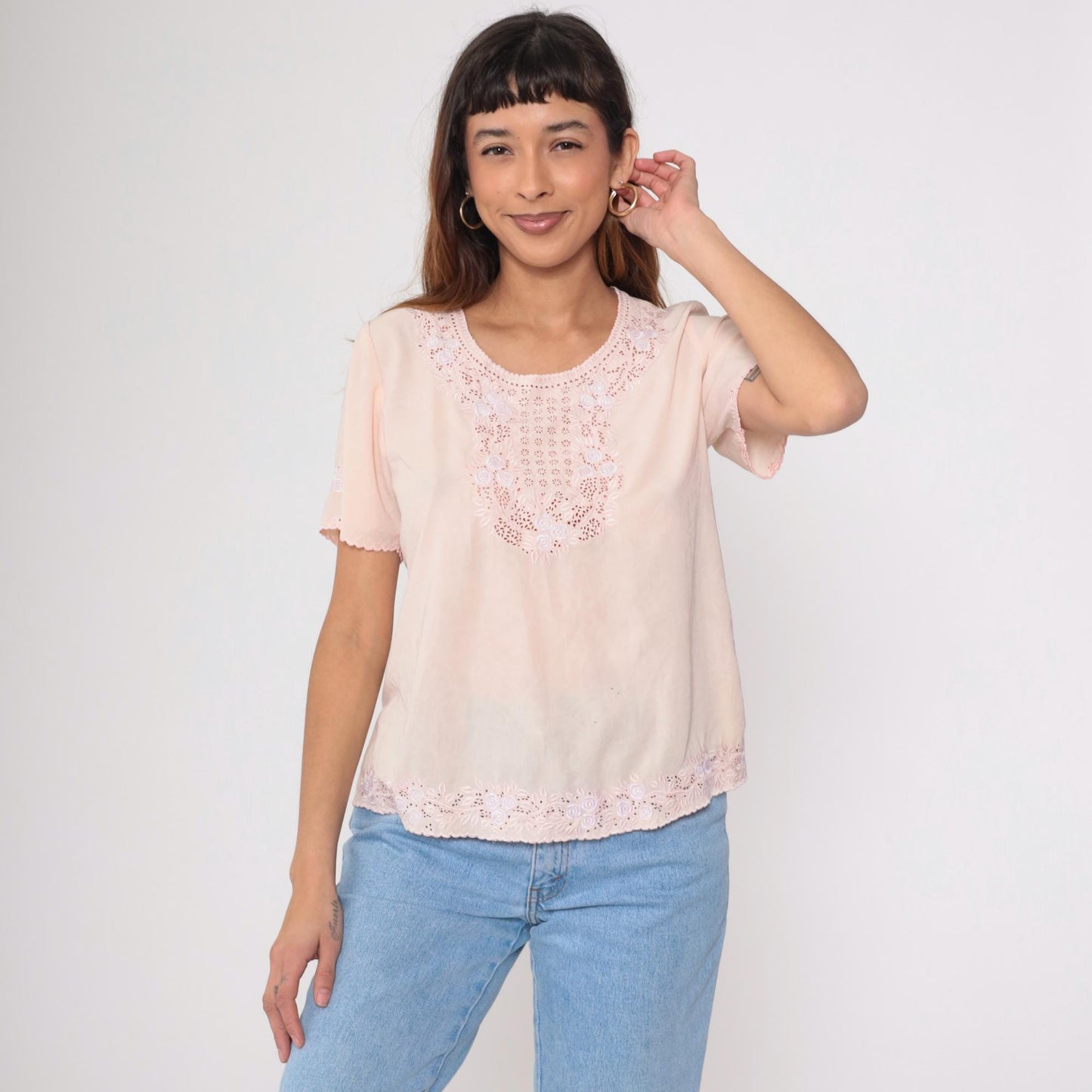 80s Baby Pink Floral Embroidered Cutout Blouse Small S