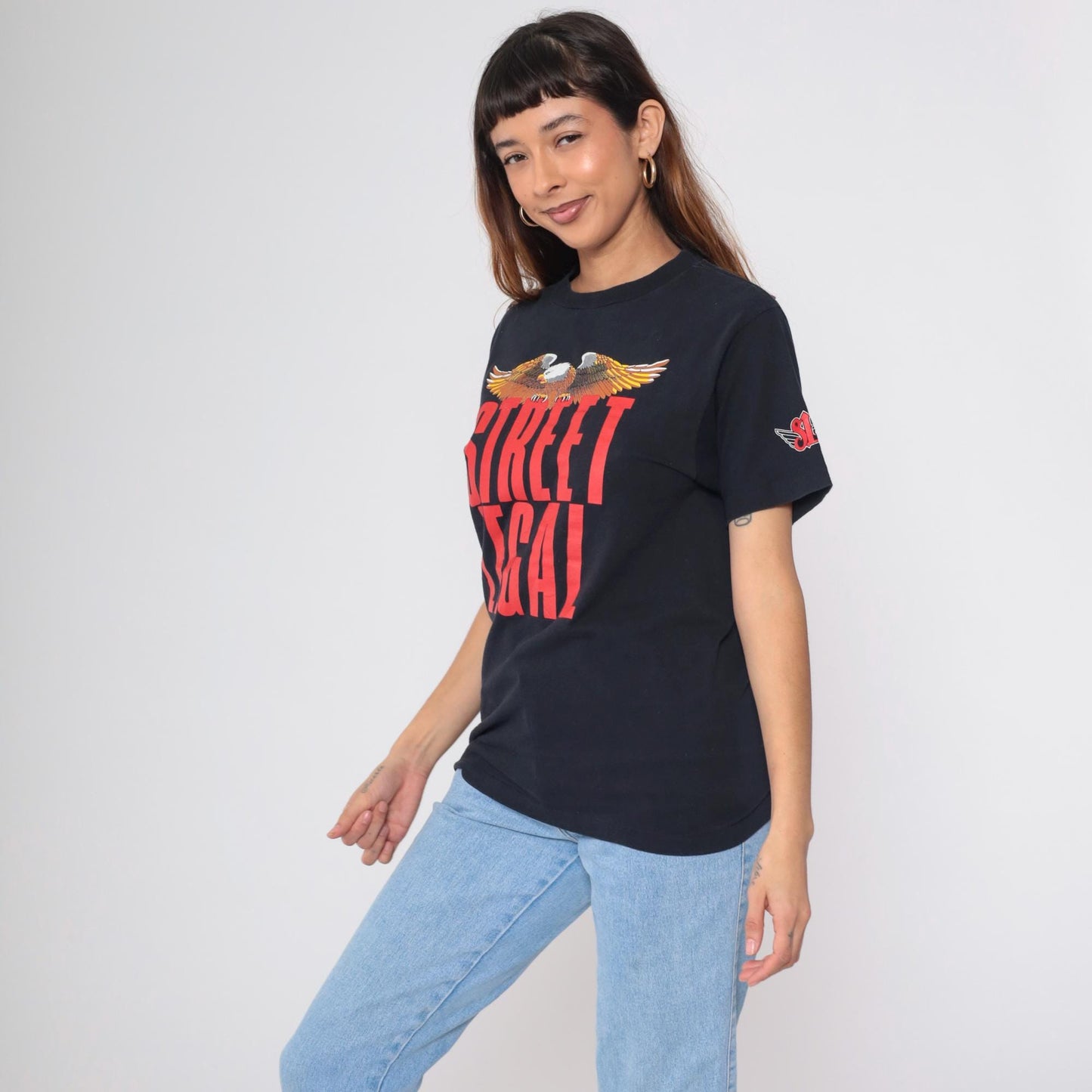 90s Street Legal Eagle Motorcycle Graphic T-Shirt Black Cotton Small