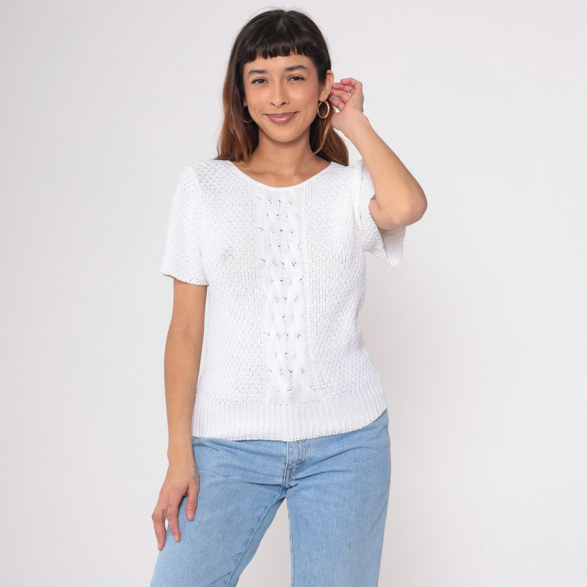 80s Yarn Spinners Cable Knit Sweater Top White Cotton Short Sleeve Extra Small