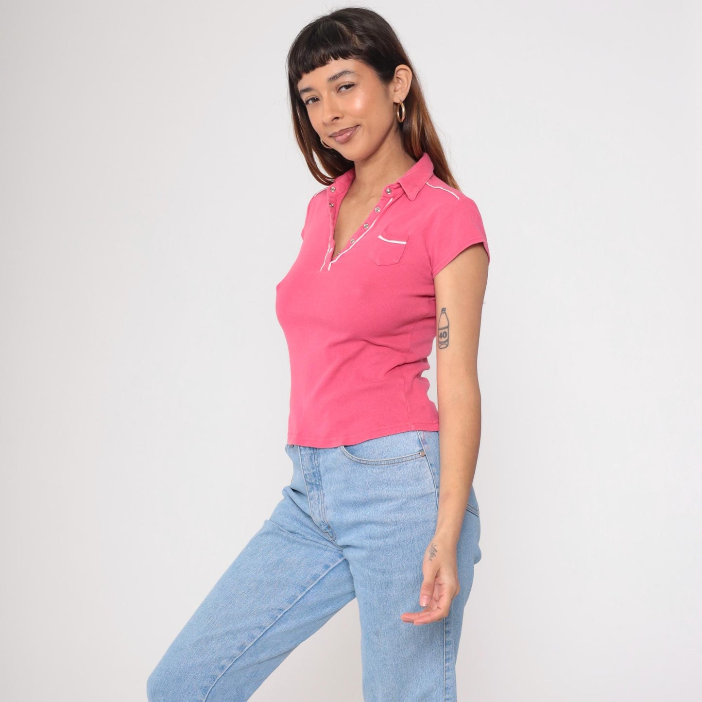 90s Energie Pink Polo Shirt White Piping Snap Button Collared Small