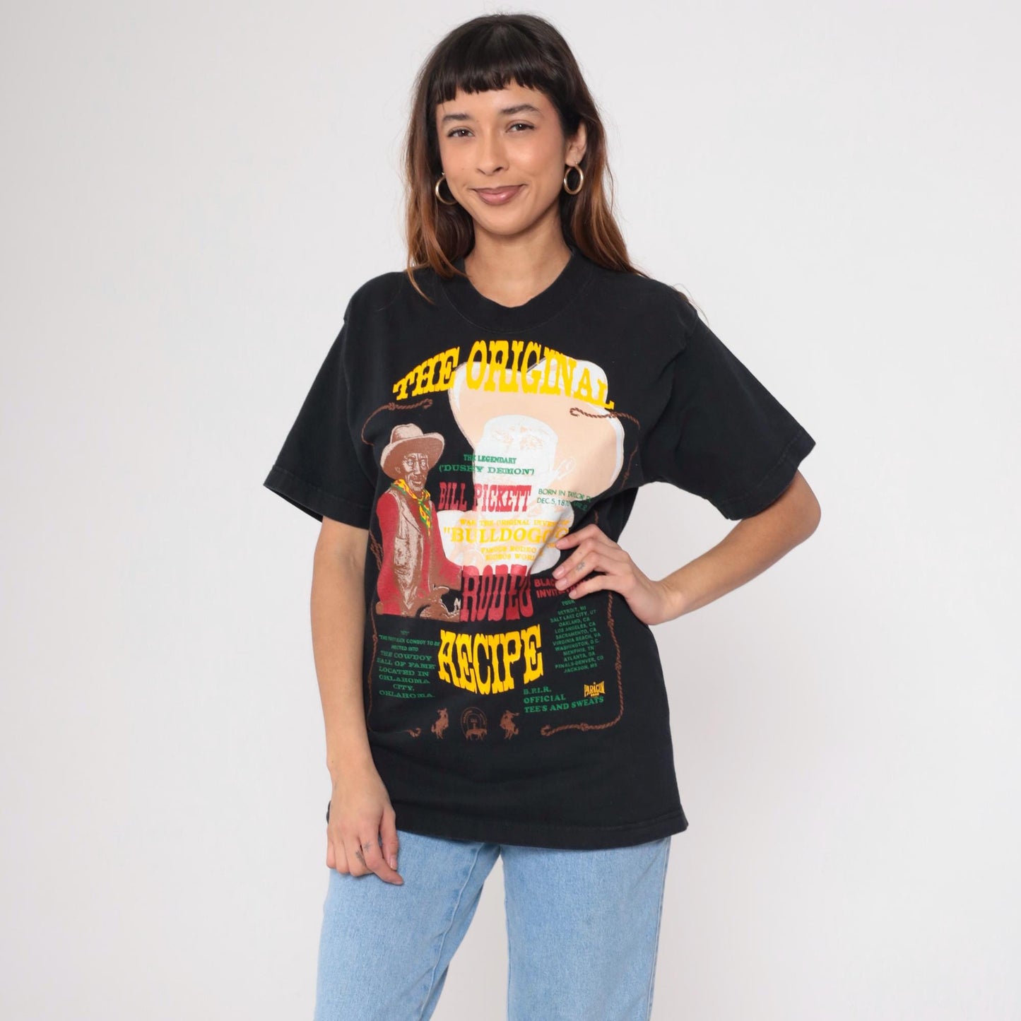 90s Bill Pickett Rodeo Recipe Graphic T-Shirt Black Cotton Medium