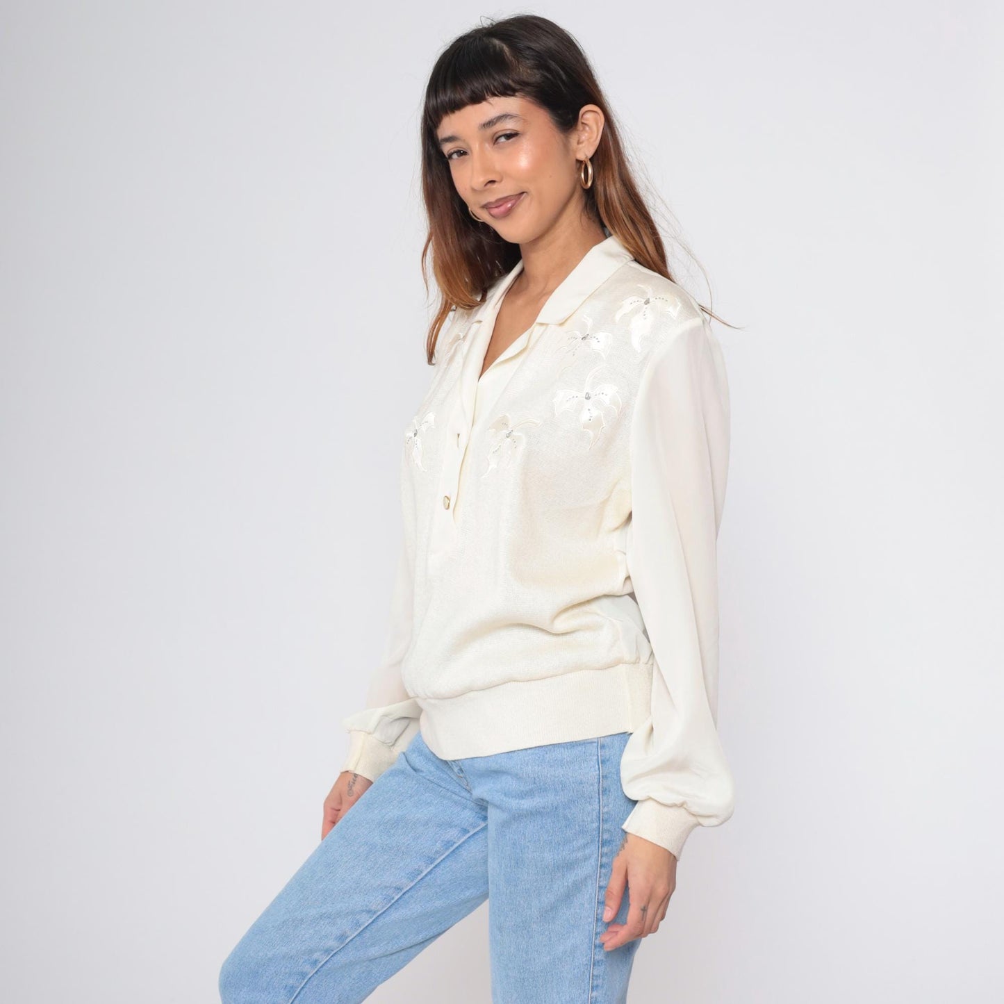 80s Philippe Marques Ivory Blouse Floral Appliqué Rhinestone Satin Knit Large L
