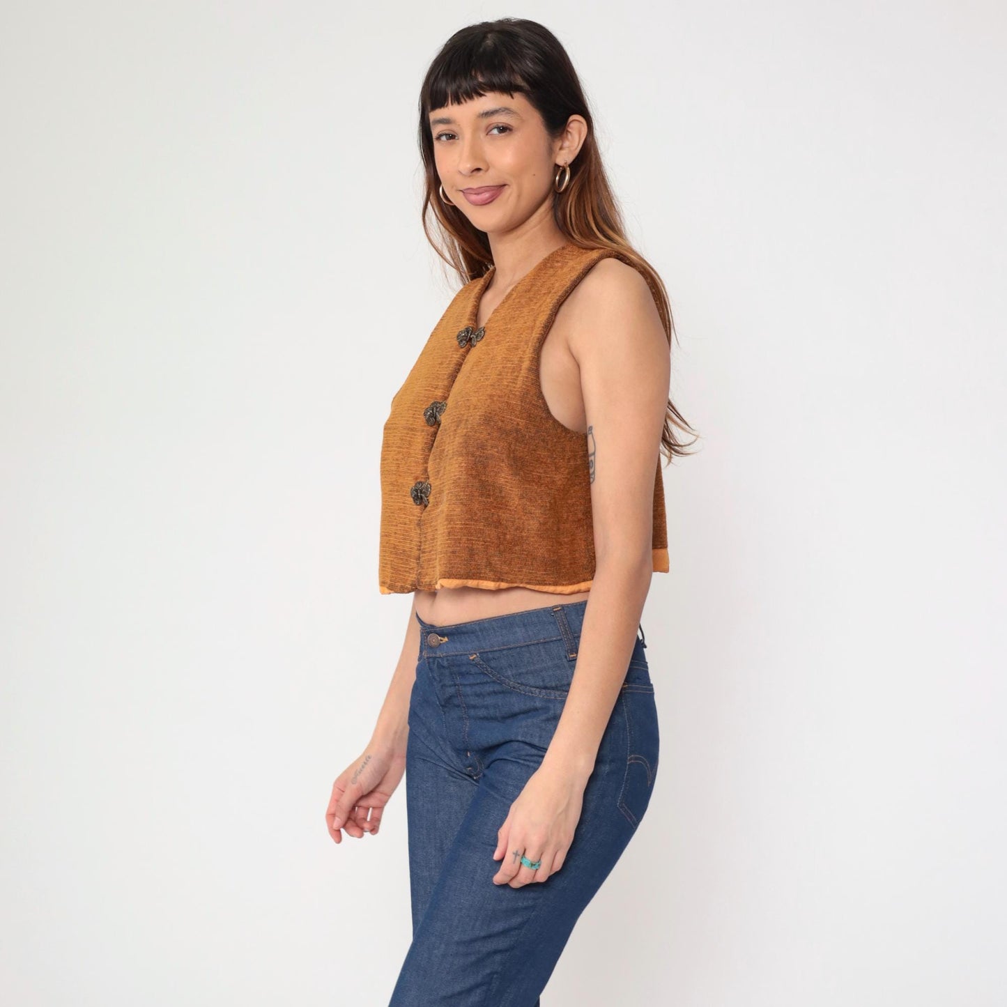 90s Burnt Orange Frog Closure Cropped Vest Woven Chinese Knot Medium