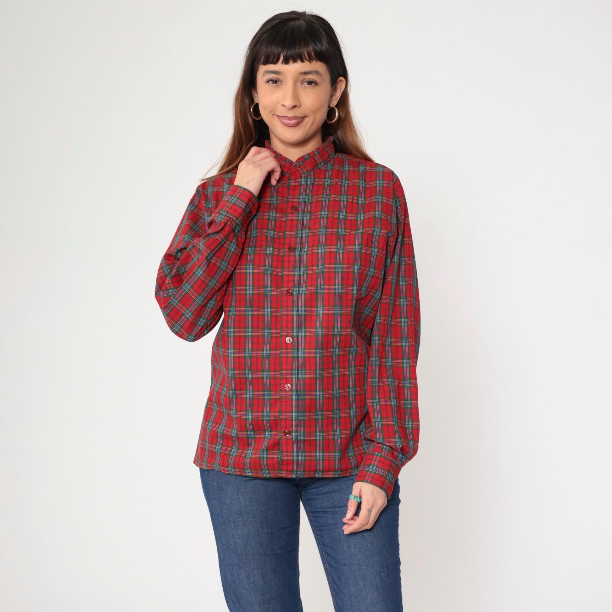 80s Red Plaid Button-Up Blouse Ruffled Collar Long Sleeve Medium M