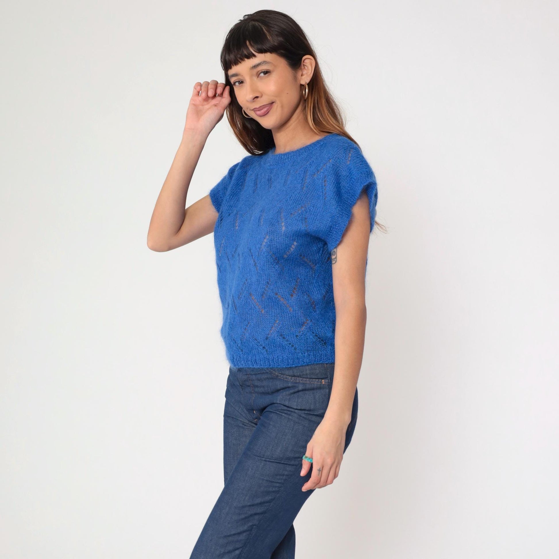 80s Jeanne Pierre Mohair Pointelle Sweater Top Royal Blue Cap Sleeve Small
