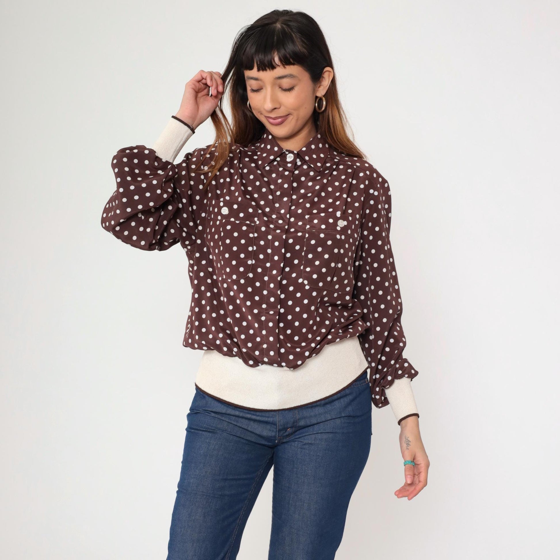 80s Brown Polka Dot Button-Up Blouse Long Sleeve Banded Hem Large