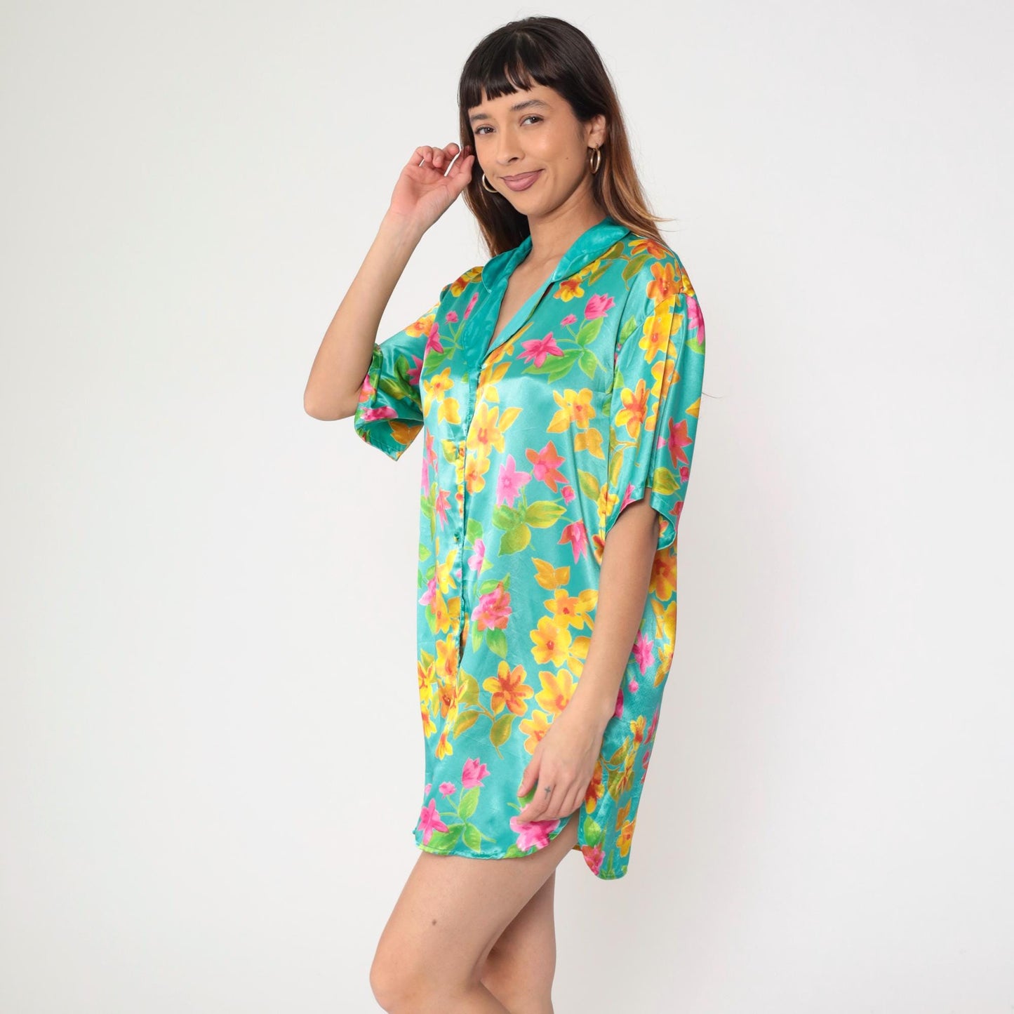 90s Victoria's Secret Aqua Floral Satin Nightgown Button-Up Mini Medium M