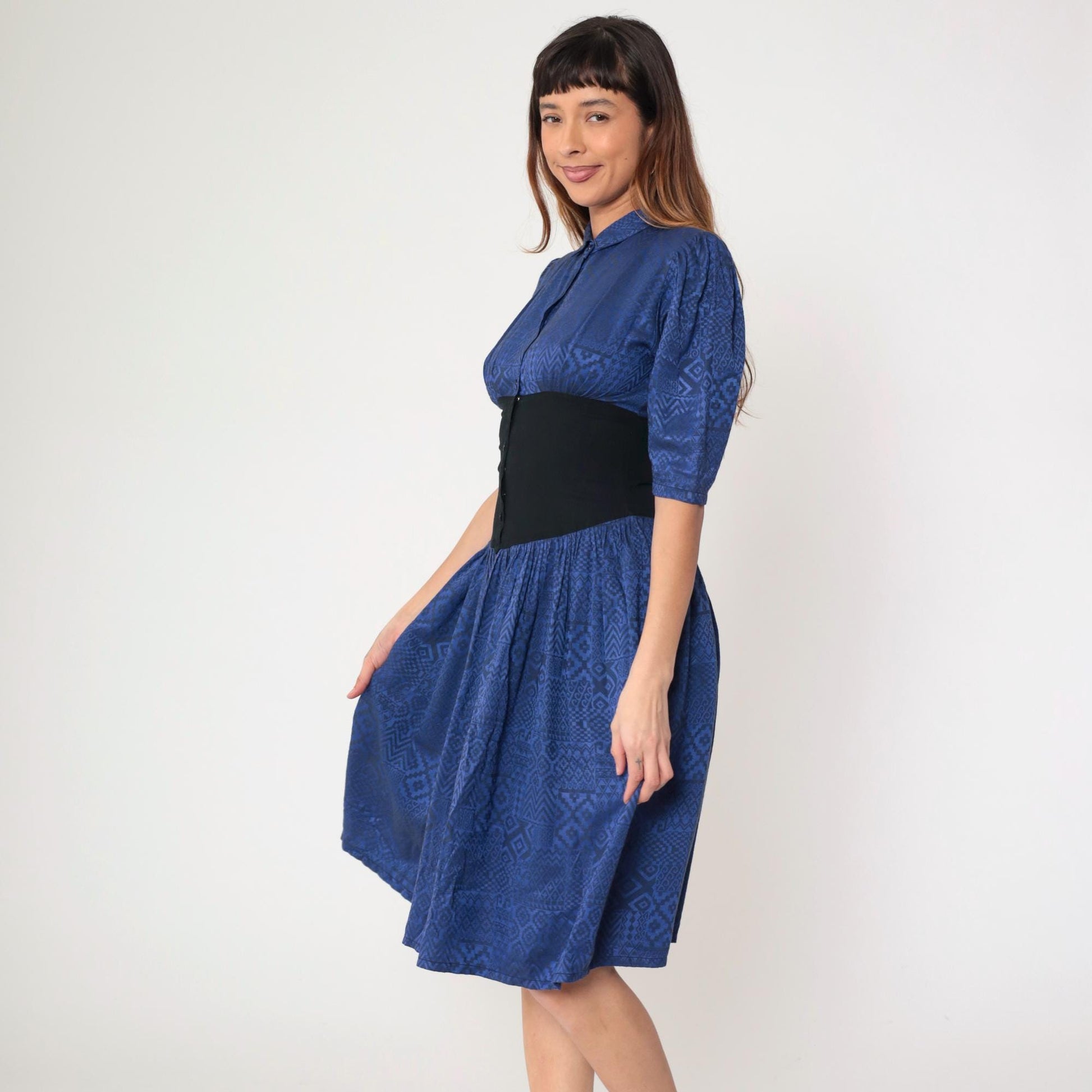 80s Lady Ann Blue Geometric Midi Dress Cinched Waist Puff Sleeve Small S