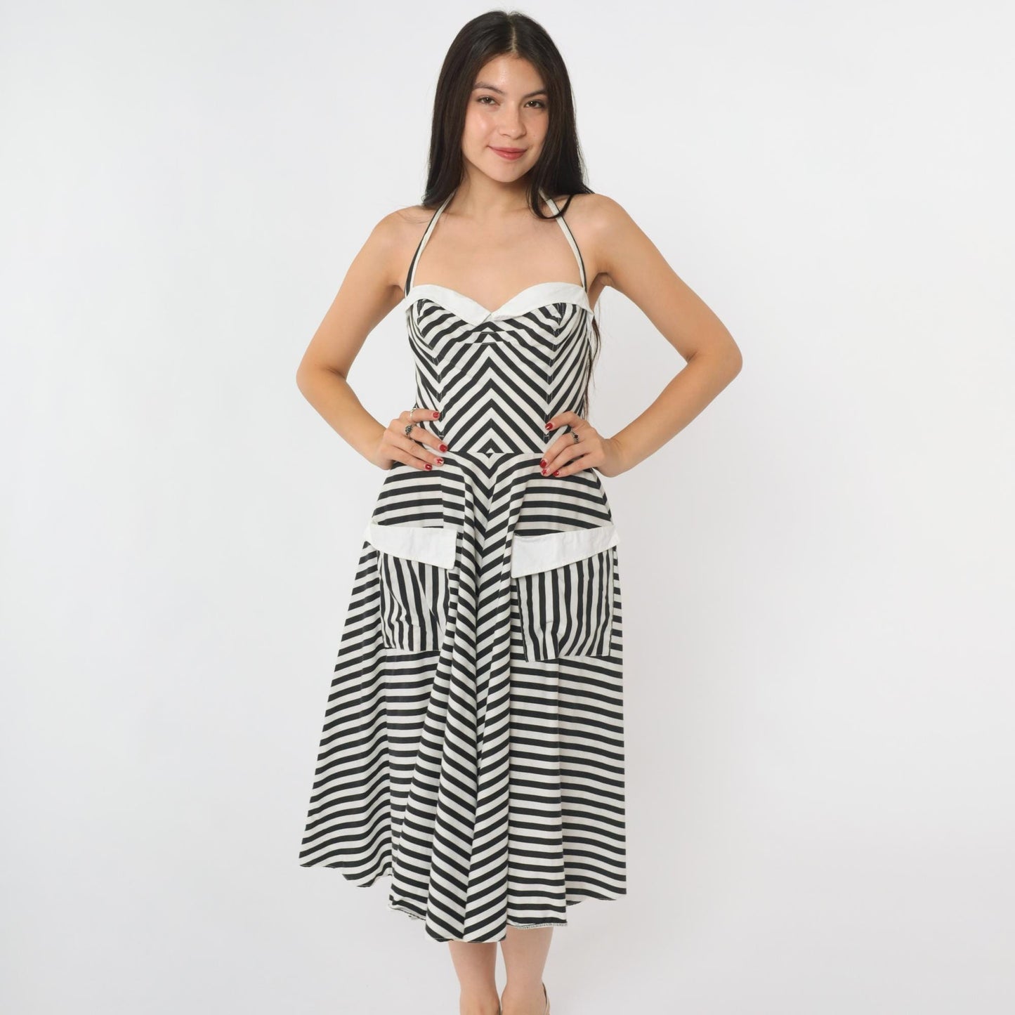 80s Black White Striped Halter Midi Dress Sweetheart Neckline Extra Small