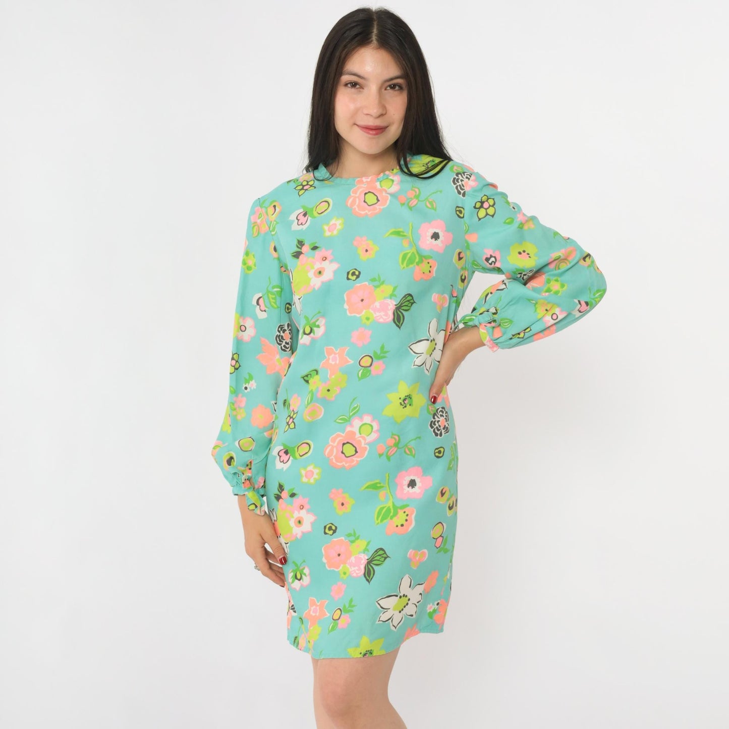 60s Mod Floral Mini Dress Aqua Blue Keyhole Back Long Sleeve Small