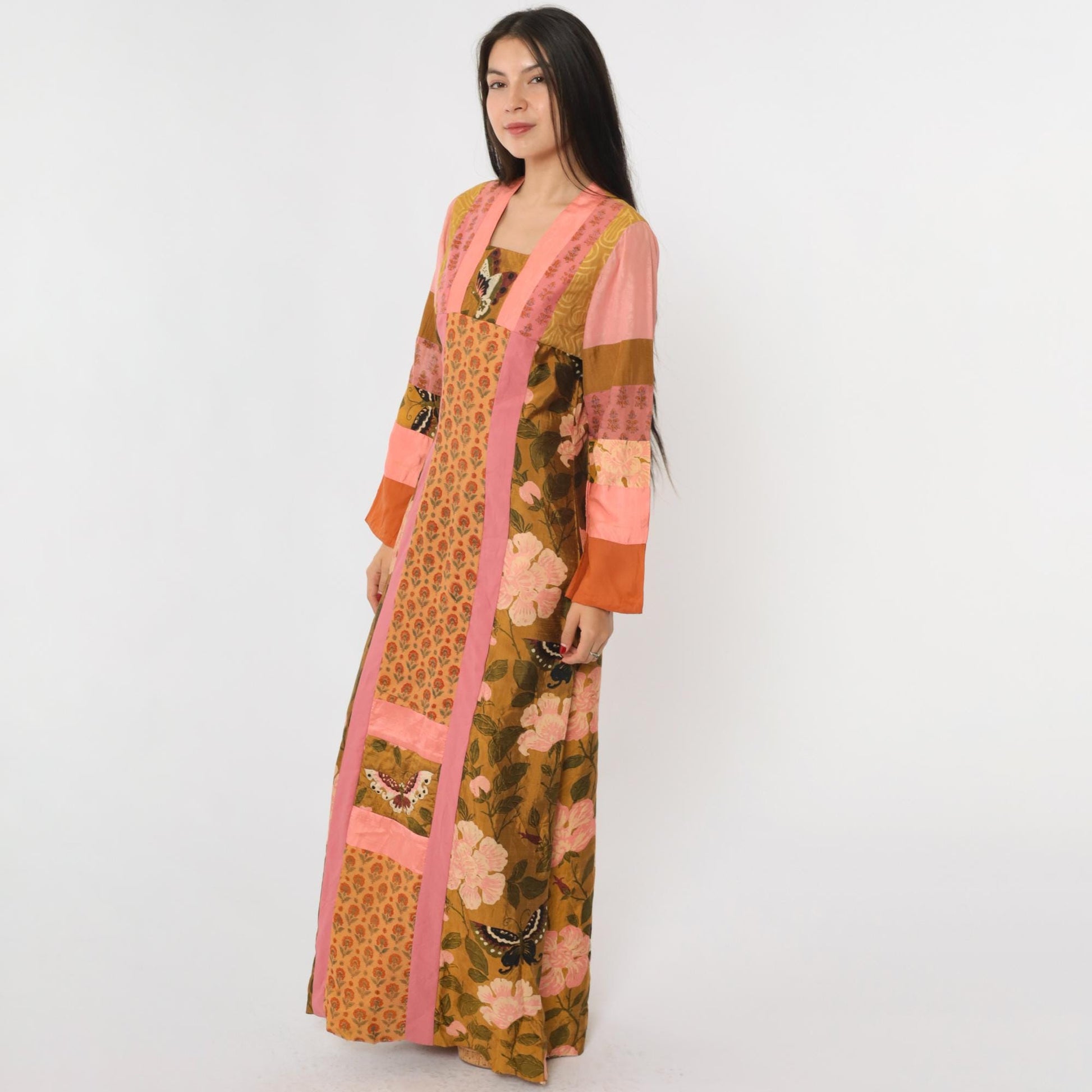 70s Patchwork Maxi Dress Butterfly Floral Pink Brown Silk Blend Small