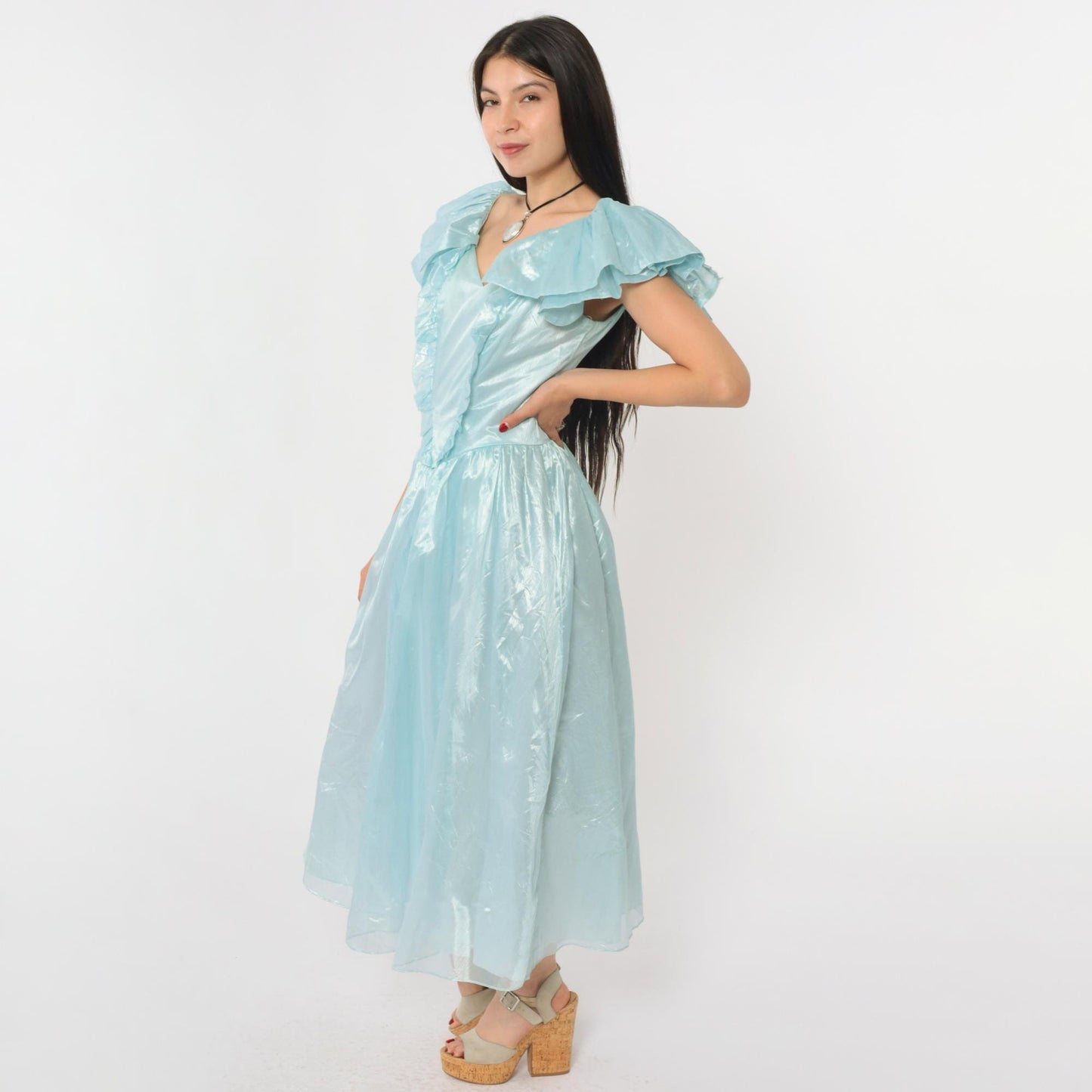 80s Blue Organza Midi Gown Sweetheart Neckline Flutter Sleeve Small