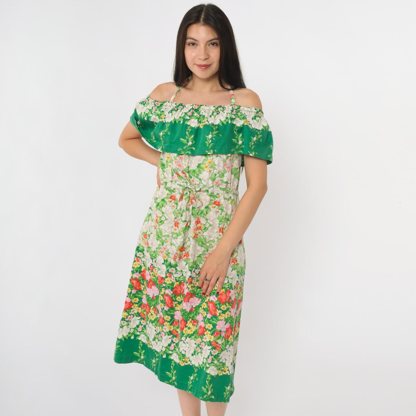 70s Parade Floral Off-Shoulder Midi Dress Green White Halter Small Medium