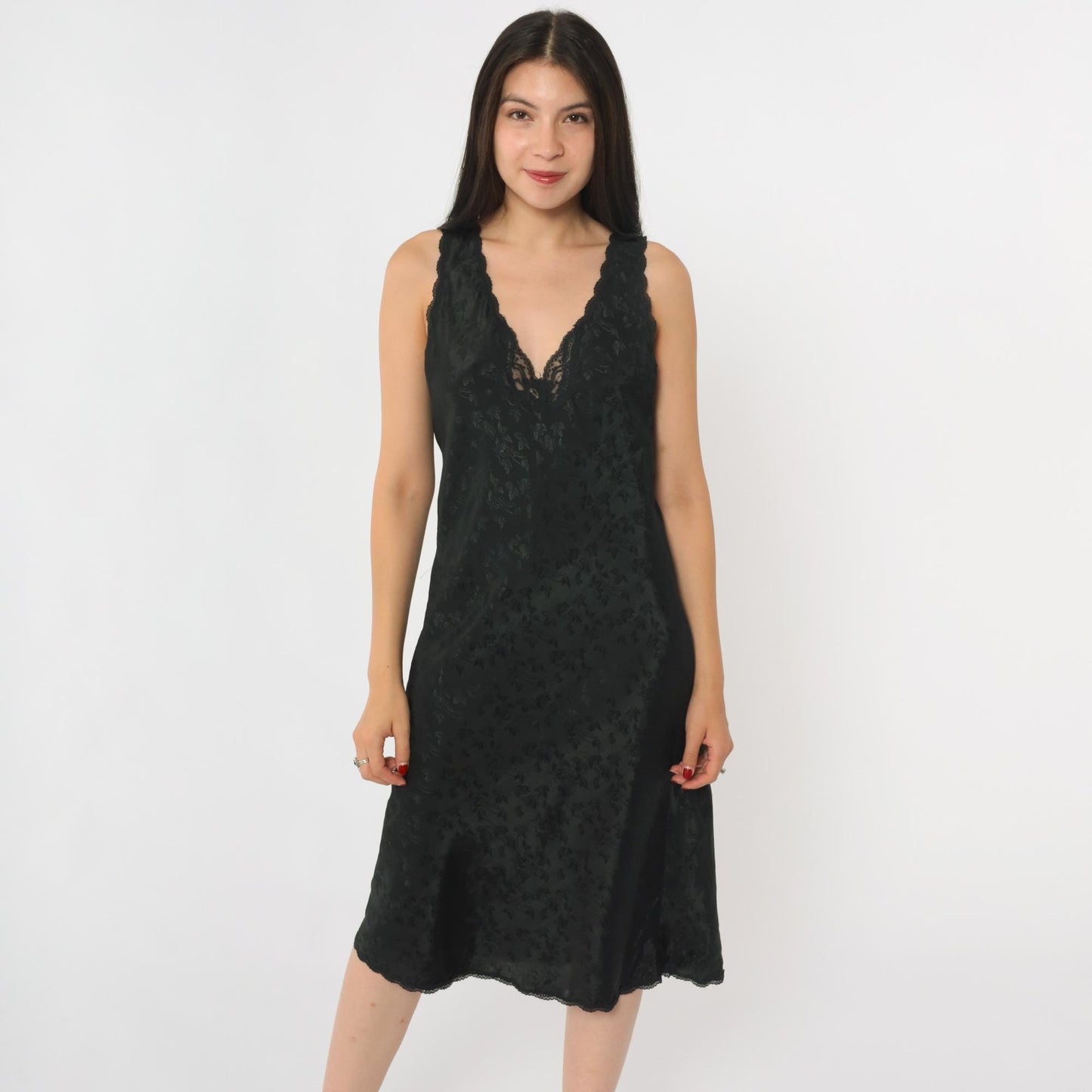 90s Barbizon Black Floral Jacquard Slip Dress Lace Trim Deep V Small