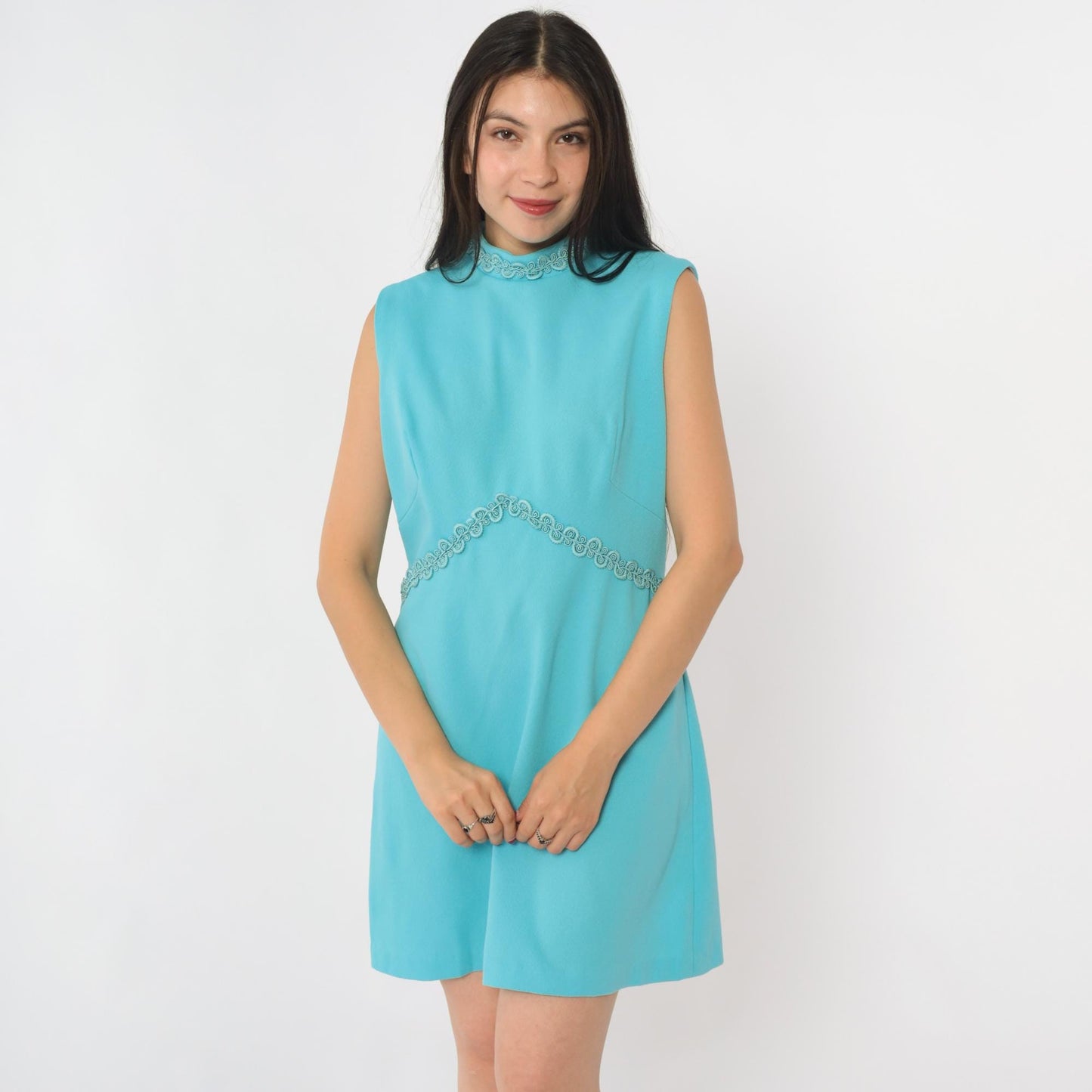 70s Blue Mod Mini Dress Empire Waist Mock Neck Sleeveless Medium M