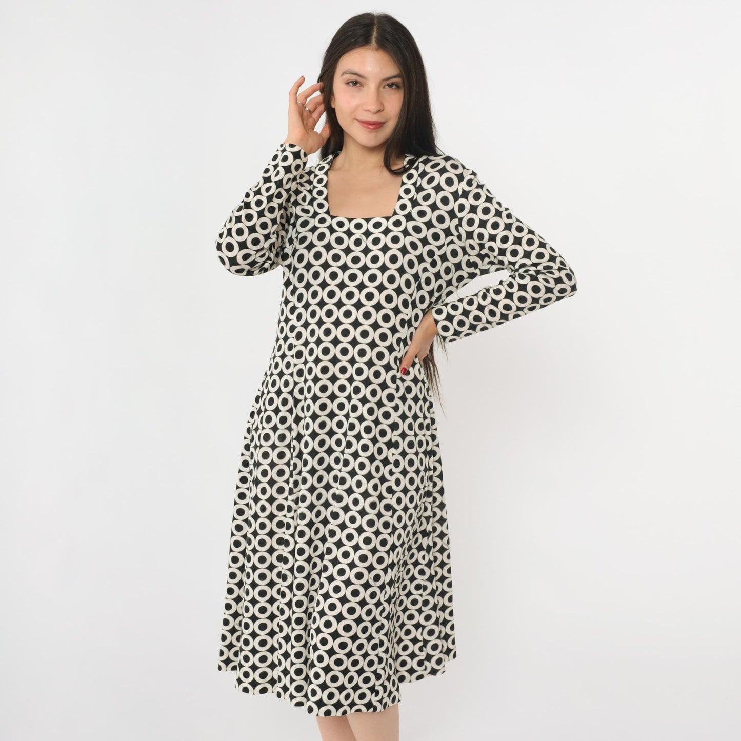 70s Maurice Black White Op Art Circle Print Midi Dress Square Neck Large L