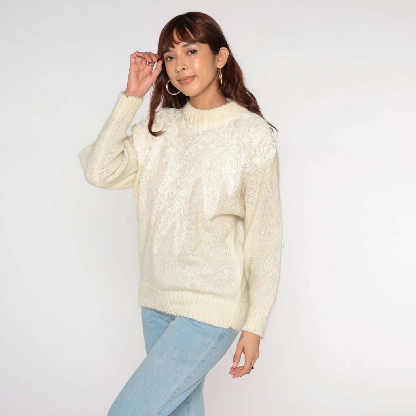 80s Cream Lace Soutache Sweater Fuzzy Knit Pullover Medium M