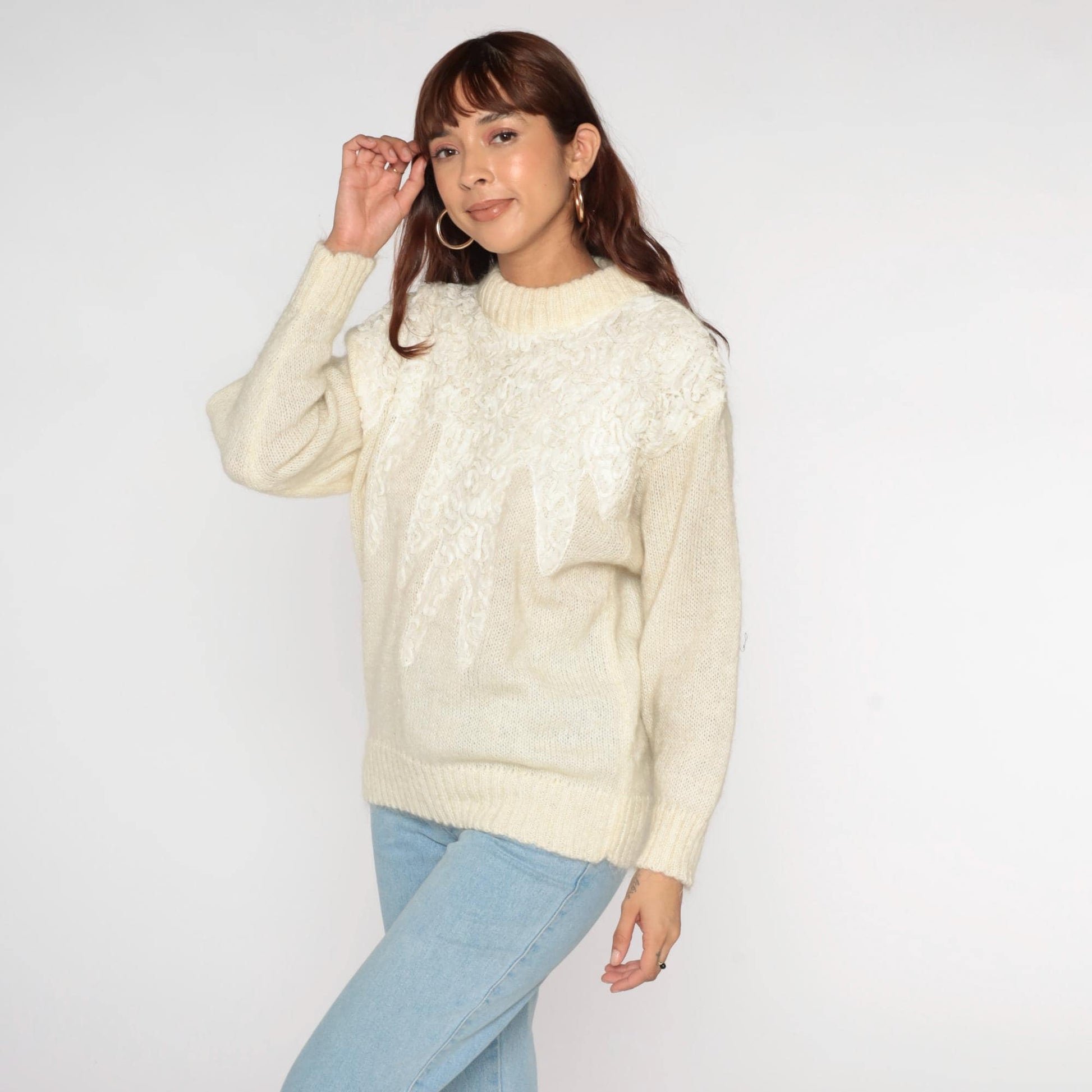 80s Cream Lace Soutache Sweater Fuzzy Knit Pullover Medium M