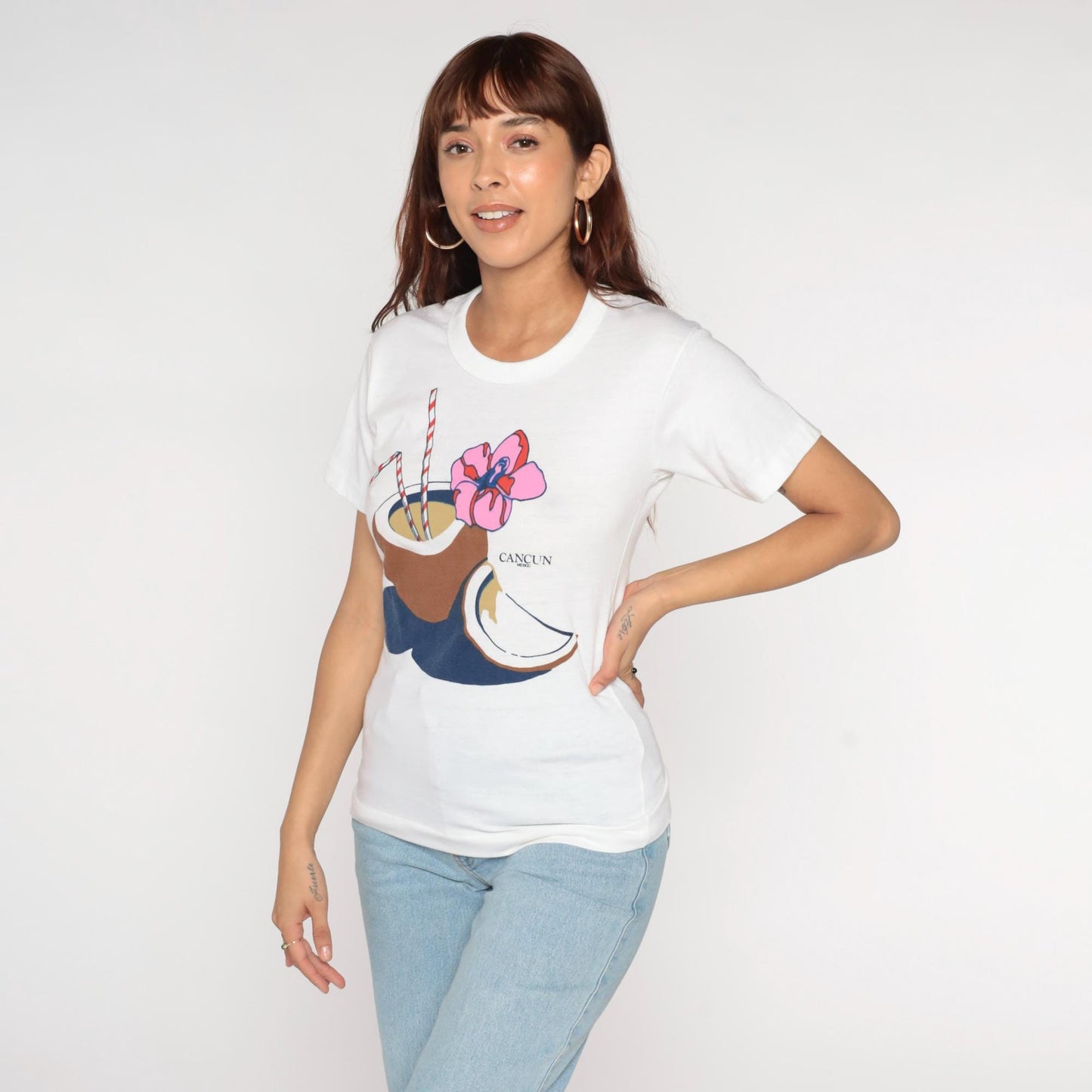 80s Cancun Mexico Tropical Coconut Graphic T-Shirt White Single Stitch XS