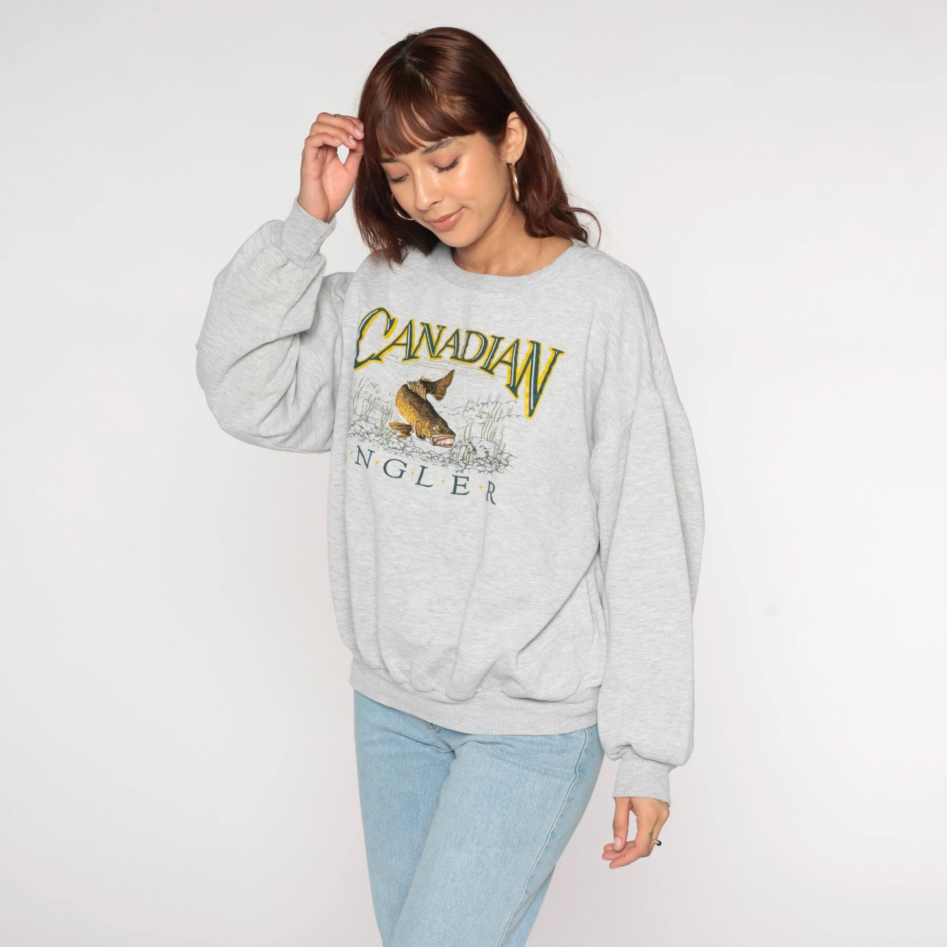 90s Canadian Angler Embroidered Fish Sweatshirt Grey Crewneck Extra Large XL