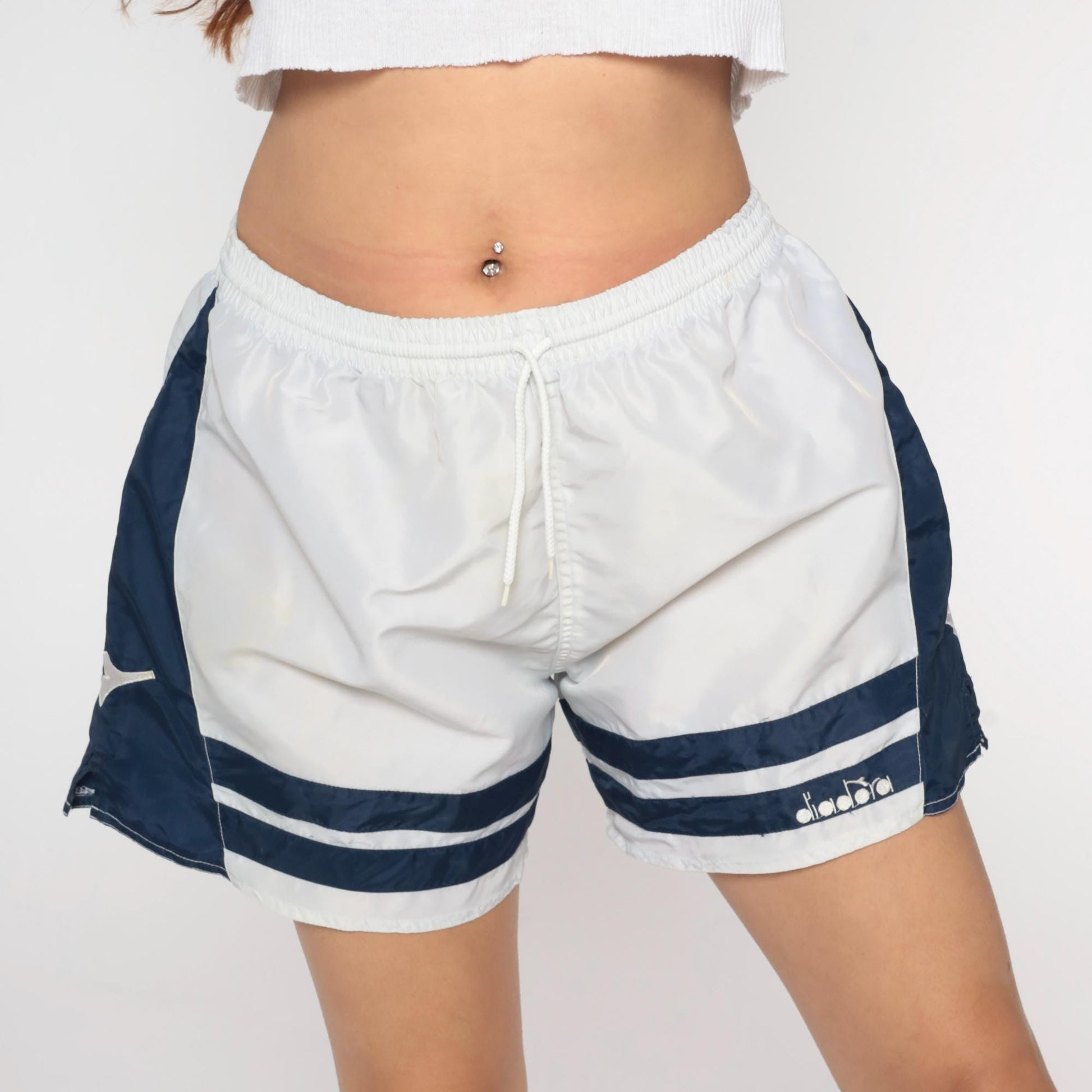 90s Diadora Soccer Shorts White Navy Nylon Athletic Track Large L