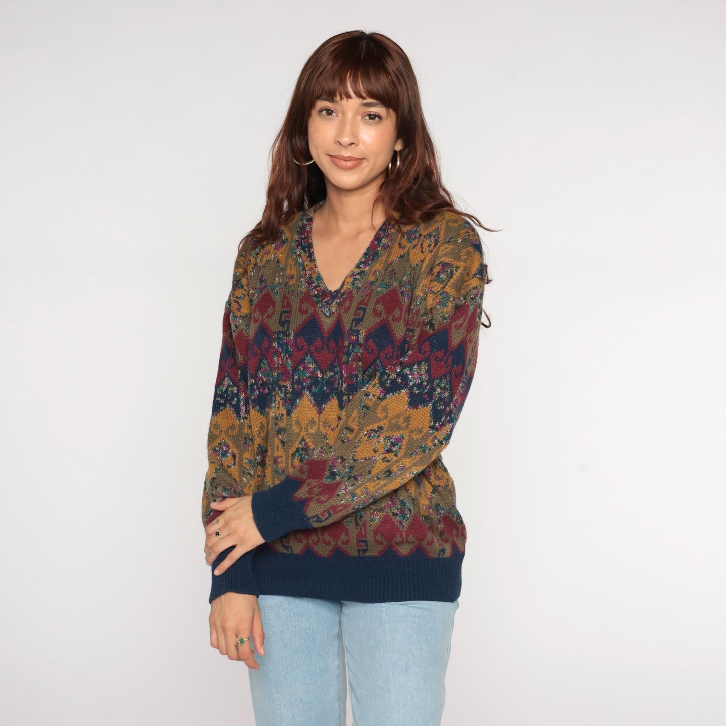 80s Scusa Abstract Geometric V-Neck Sweater Mustard Burgundy Olive Large L