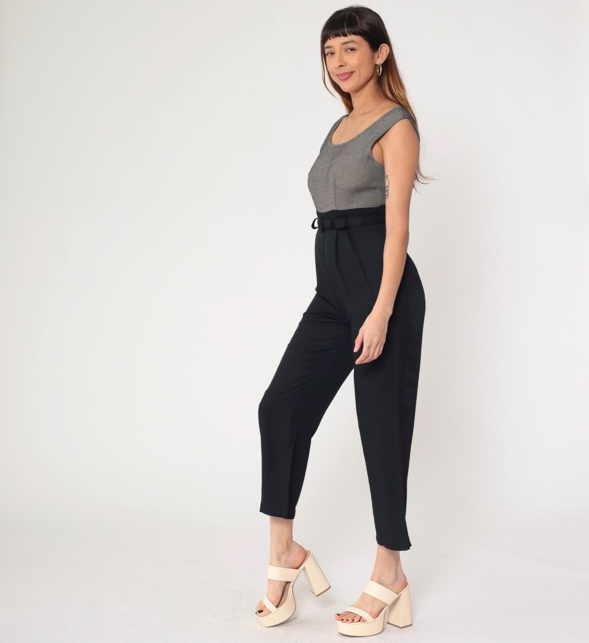 90s Black Jumpsuit Scoop Neck Sleeveless High Waist Straight Leg Small