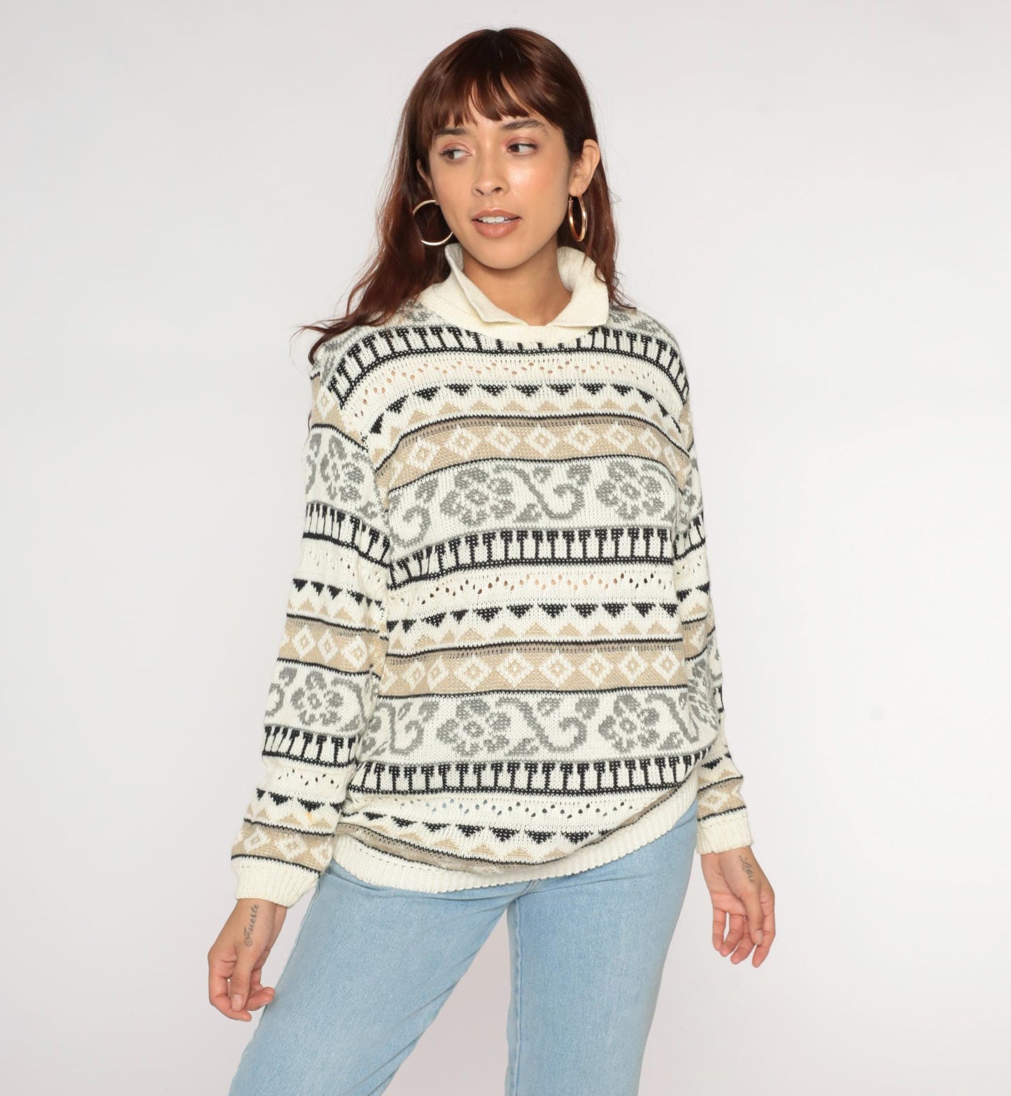 90s Alfred Dunner Geometric Floral Cream Collared Knit Sweater Medium M