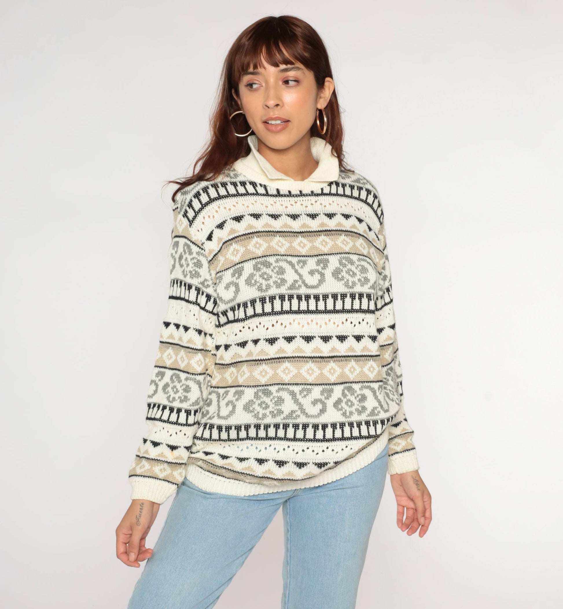 90s Alfred Dunner Geometric Floral Cream Collared Knit Sweater Medium M