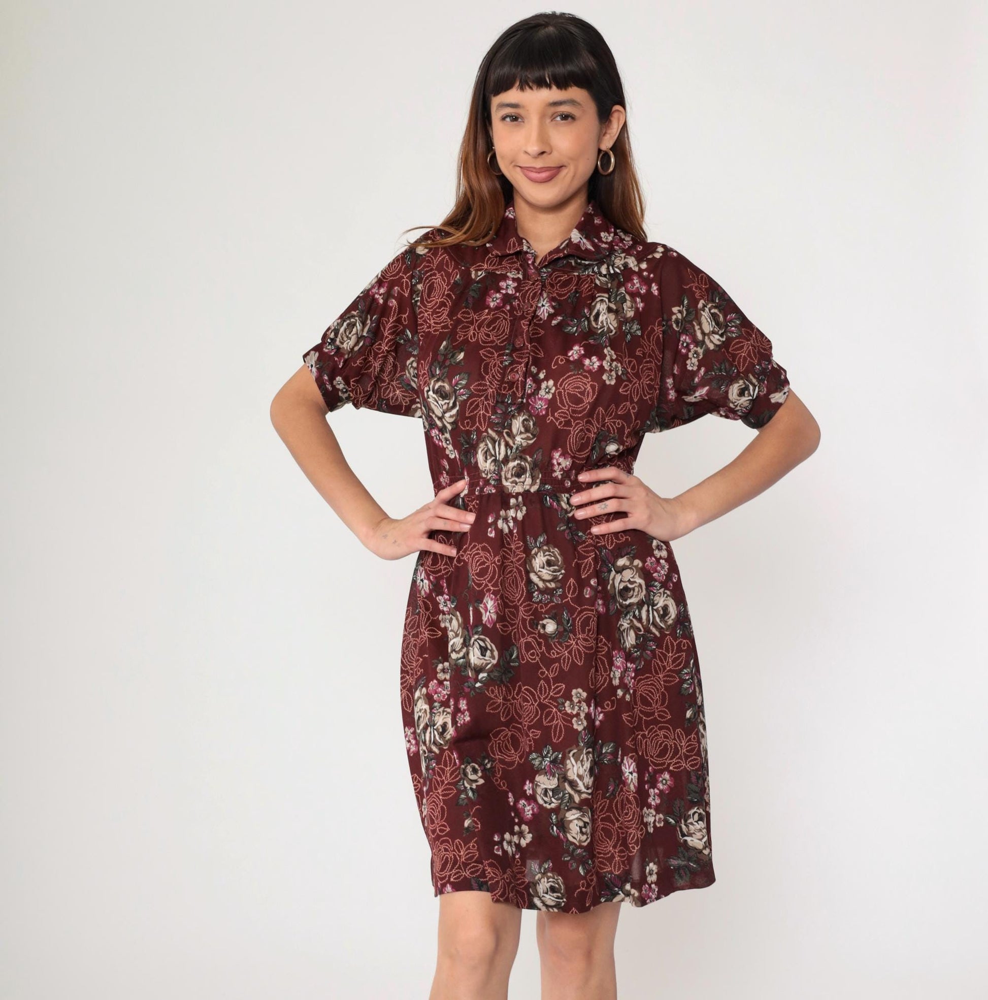 70s Maroon Floral Mini Dress High Waist Puff Sleeve Button Up Small Medium