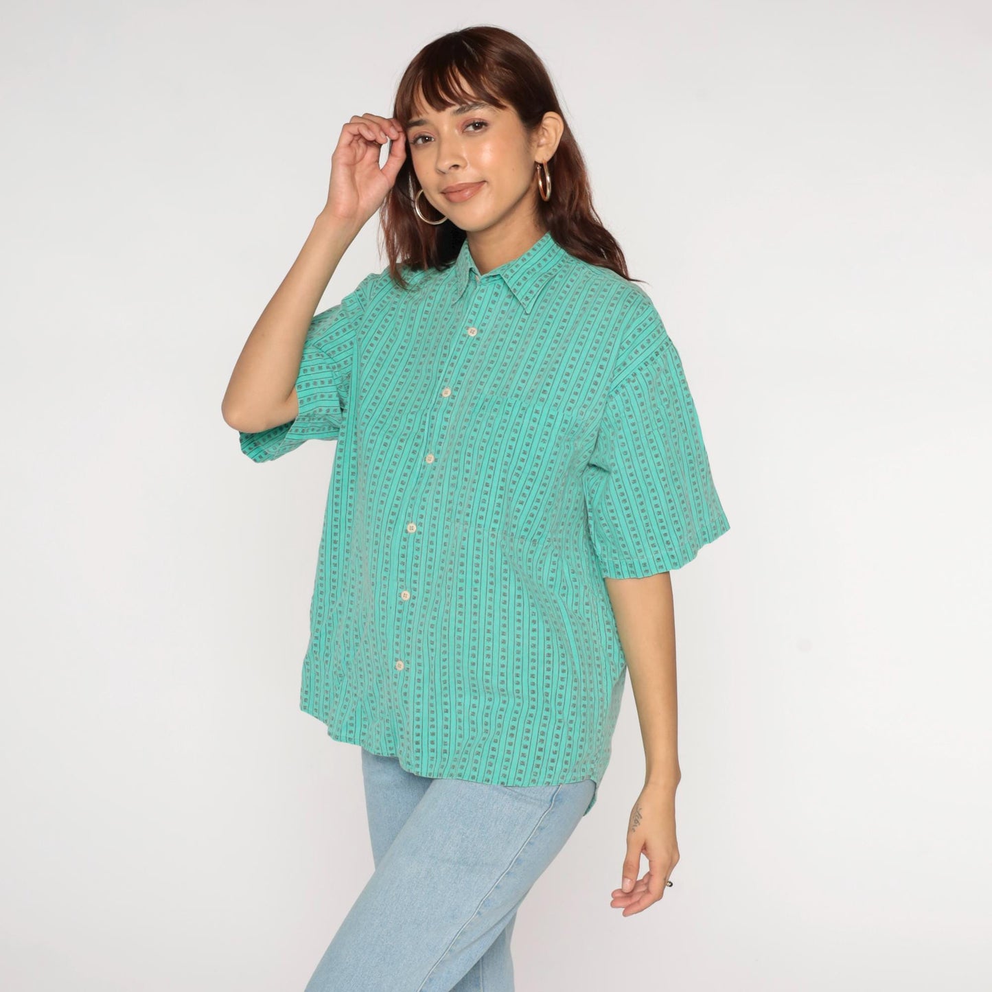 90s Green Striped Stamp Print Button-Up Shirt Boxy Fit Medium