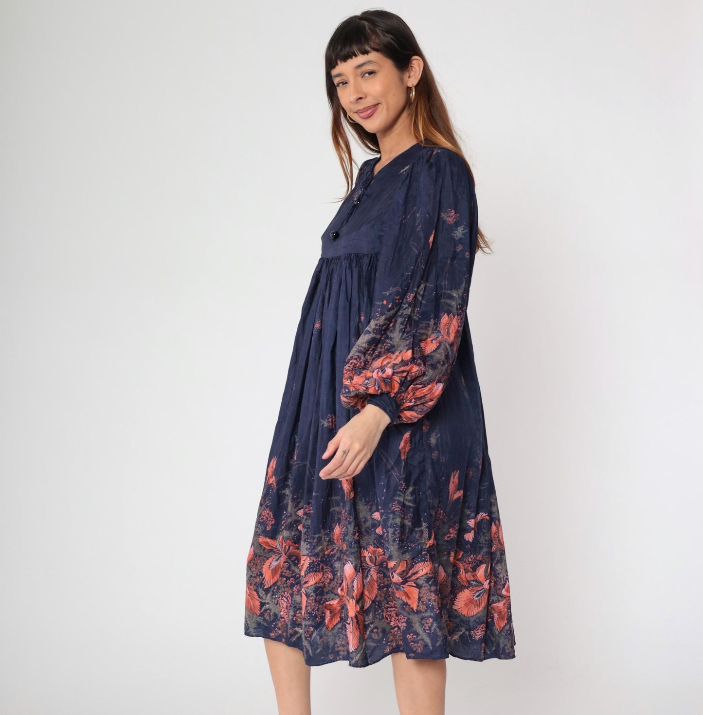 70s Phool Silk Dress Navy Blue Floral Block Print Empire Waist Midi Small