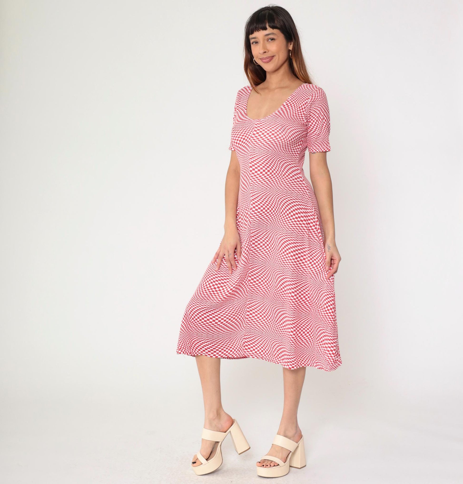80s Op Art Red White Checkered Midi Dress Scoop Neck Fit Flare Medium Large