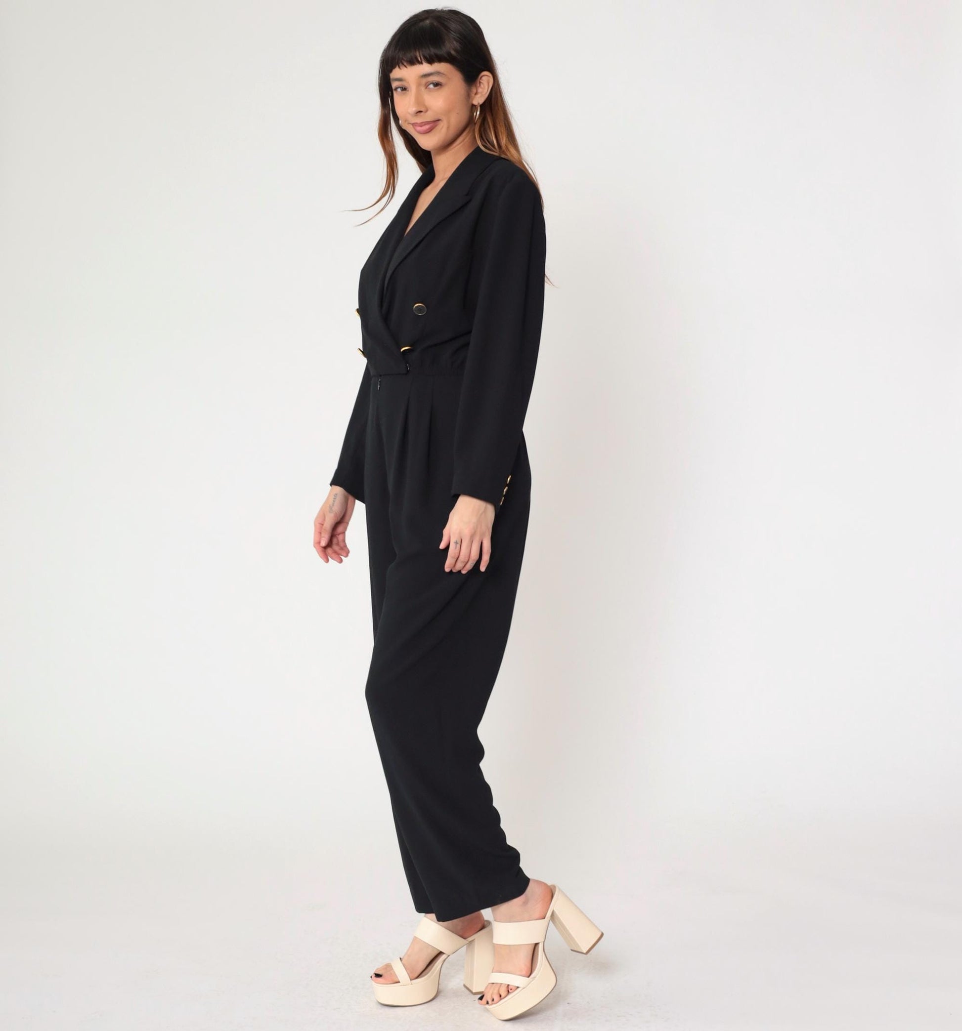 90s Liz Claiborne Black Double Breasted Jumpsuit Long Sleeve Small