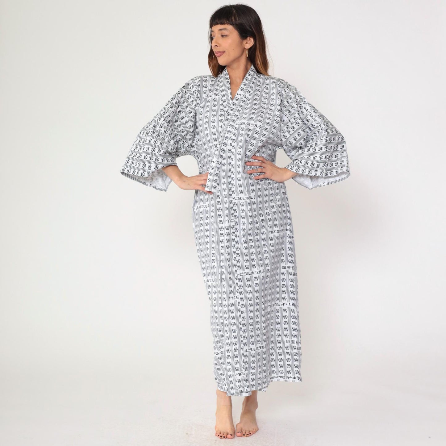 80s Japanese Yukata Robe Hotel Logo Print Blue White Geometric Maxi One Size