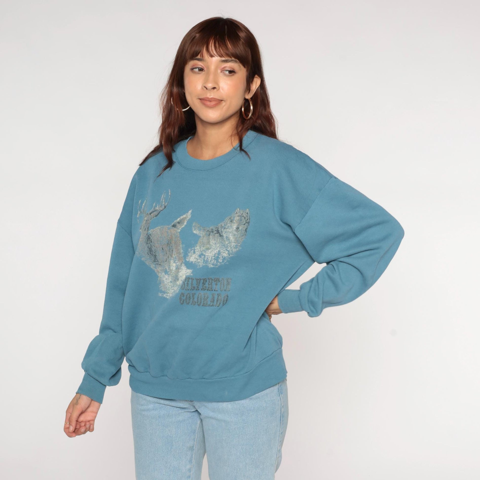 90s Silverton Colorado Wolf Deer Graphic Sweatshirt Blue Crewneck Extra Large