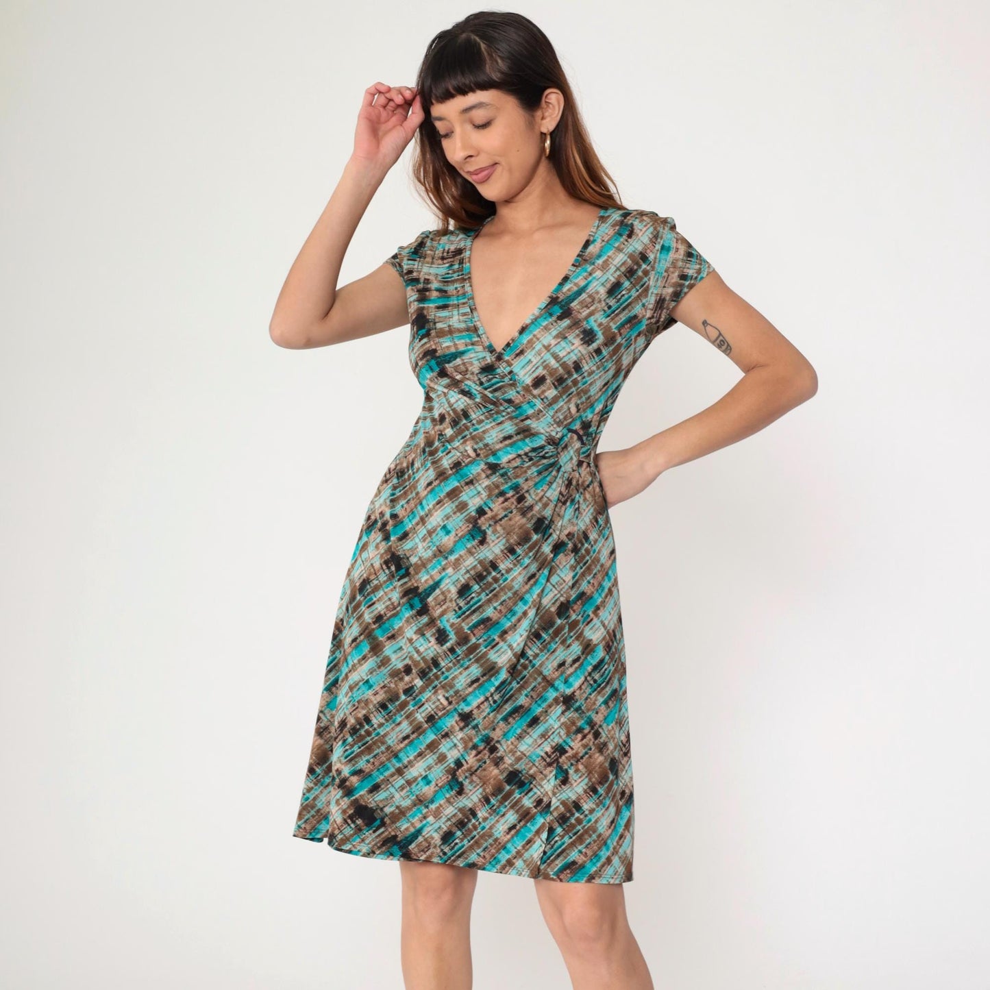 Y2K Abstract Striped Midi Wrap Dress Turquoise Brown Short Sleeve Small 6