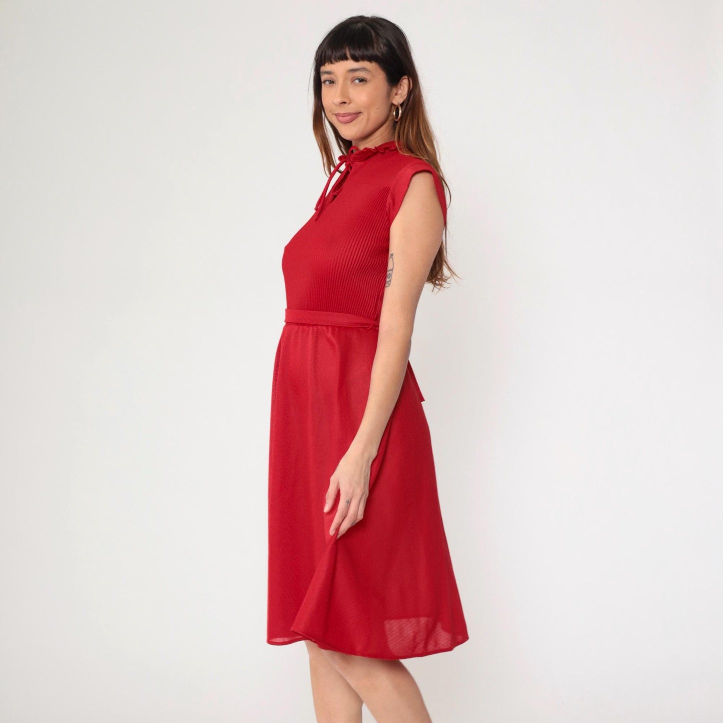 70s Red Keyhole Midi Dress Cap Sleeve High Waisted Pleated Extra Small