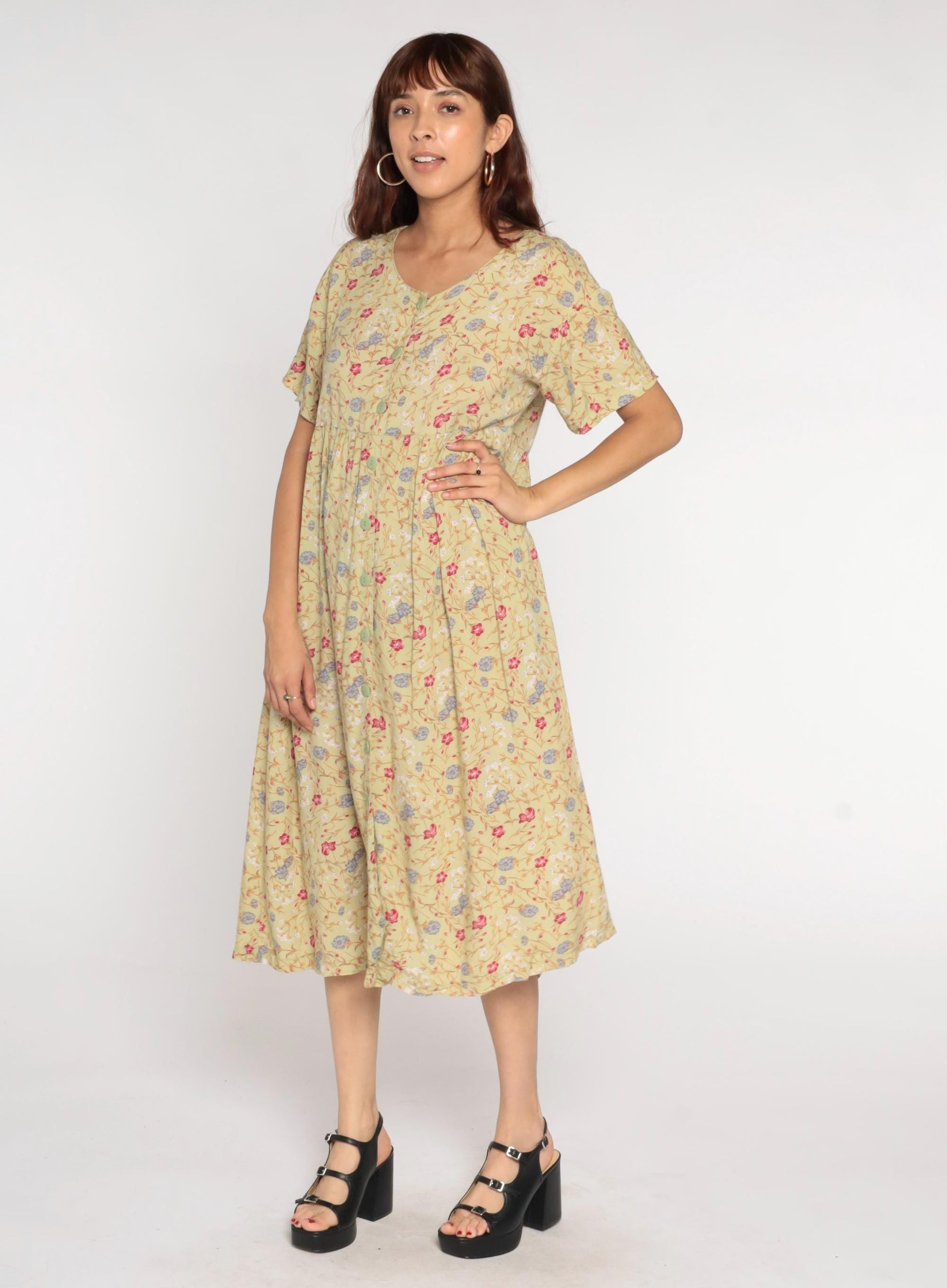 90s Sostanza Floral Button-Up Midi Dress Avocado Green High Waist Medium Large