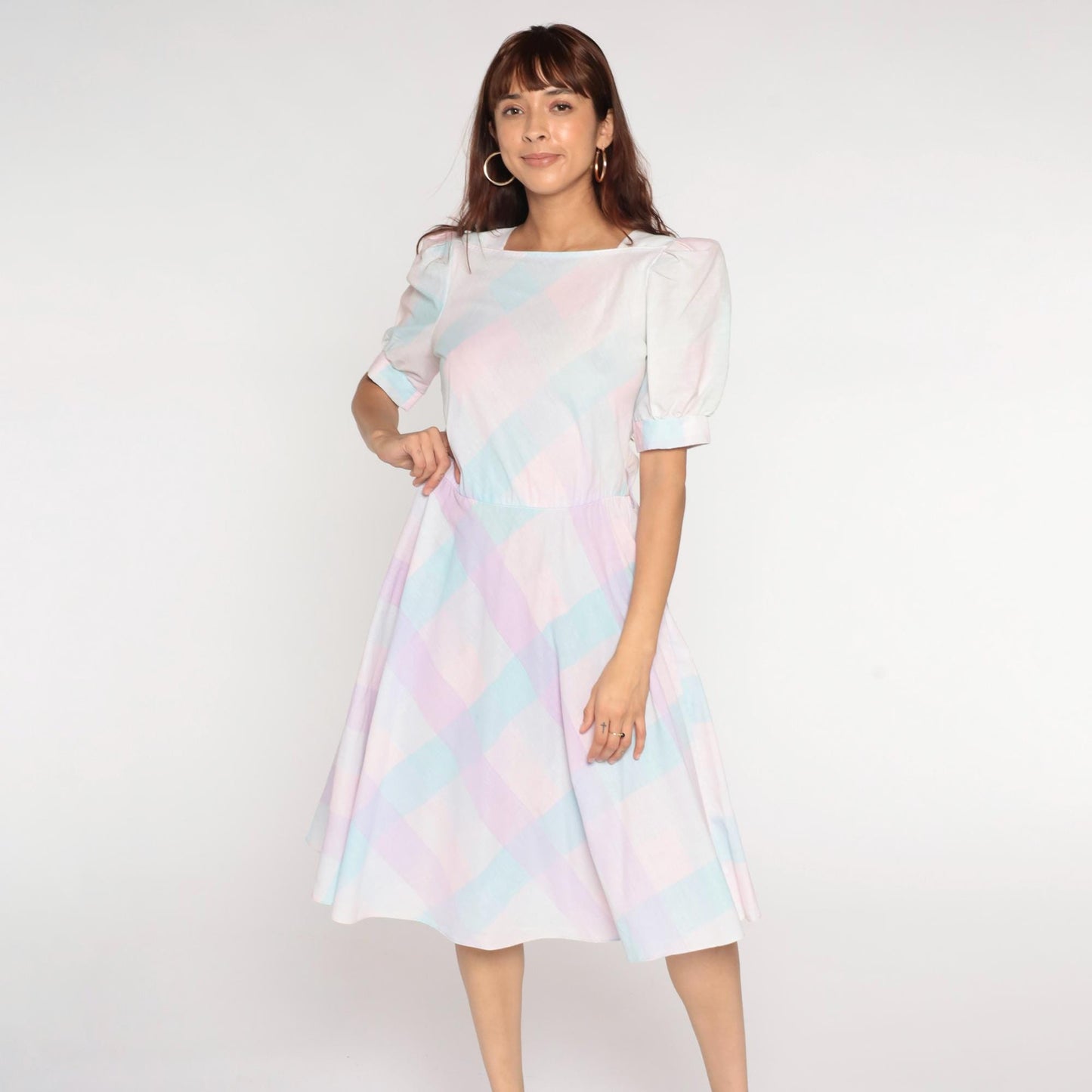 80s Pastel Checkered Puff Sleeve Midi Dress High Waist Pink Purple Blue Medium M