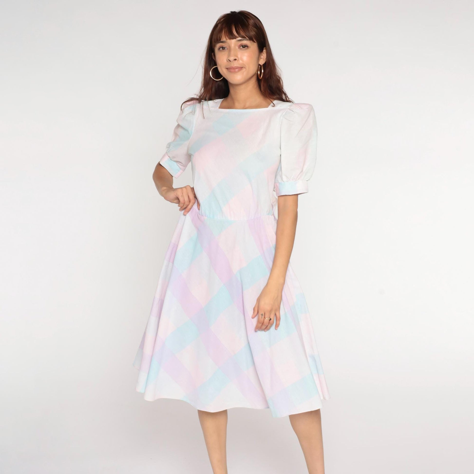 80s Pastel Checkered Puff Sleeve Midi Dress High Waist Pink Purple Blue Medium M
