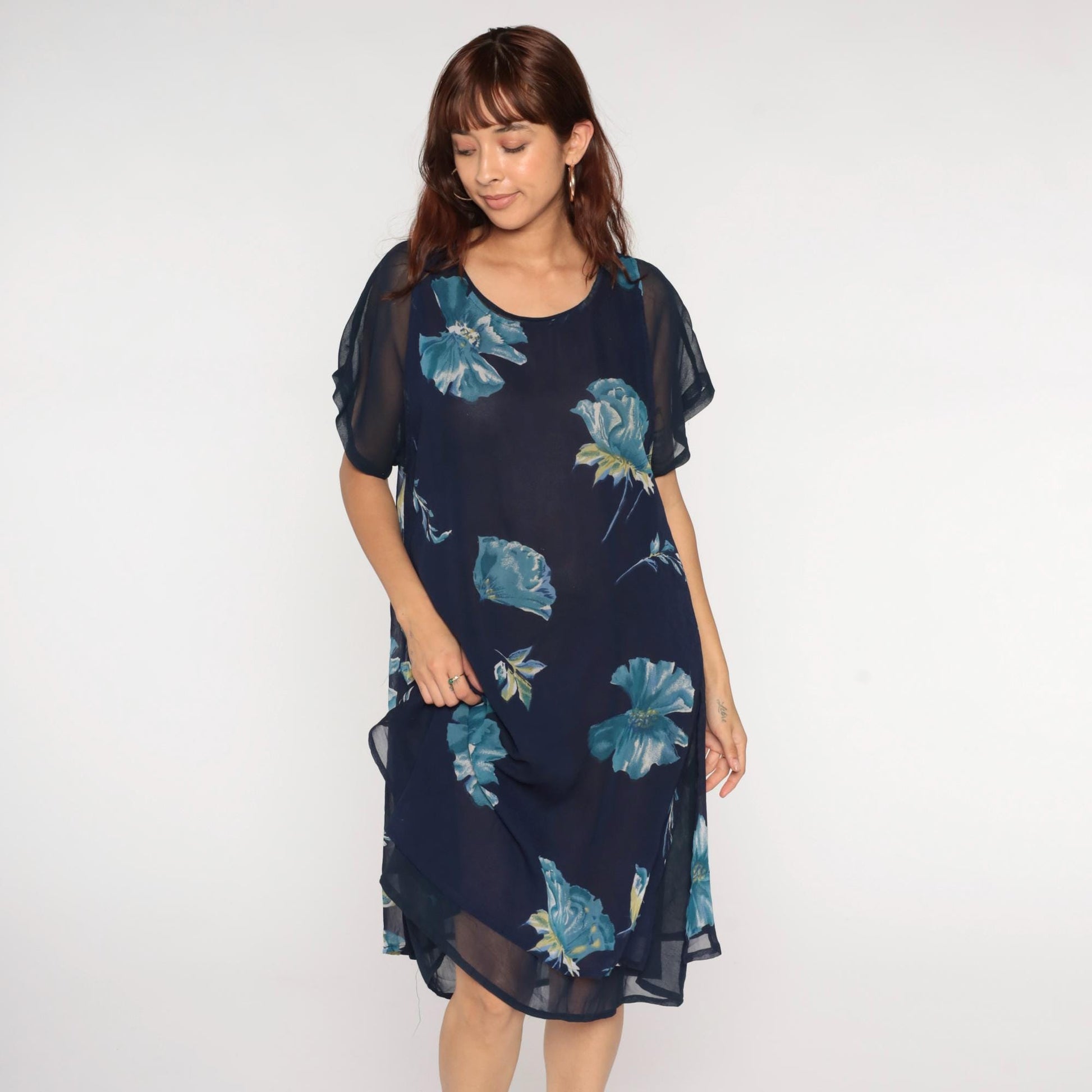 90s Navy Floral Chiffon Dress Short Sleeve Knee Length Large L