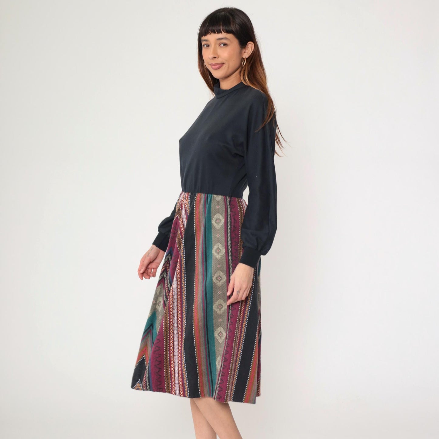 80s Orvis Chevron Stripe Midi Dress Mock Neck Long Sleeve Black Bodice Small